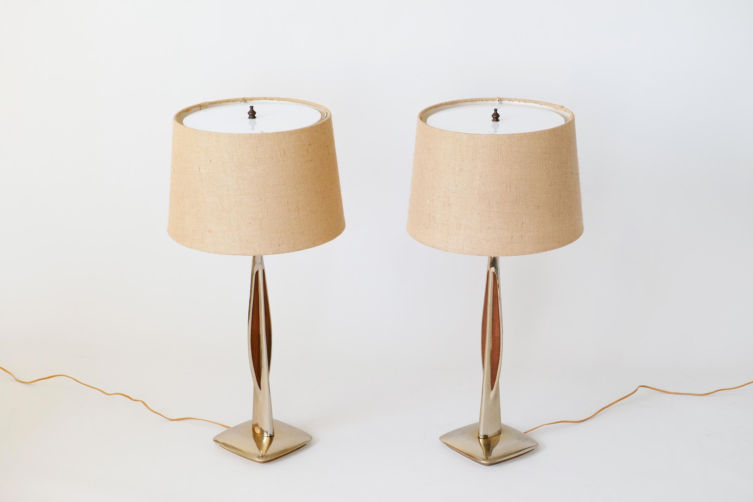 Mid-Century Modern Brass and Wood Table Lamps by Laurel 2