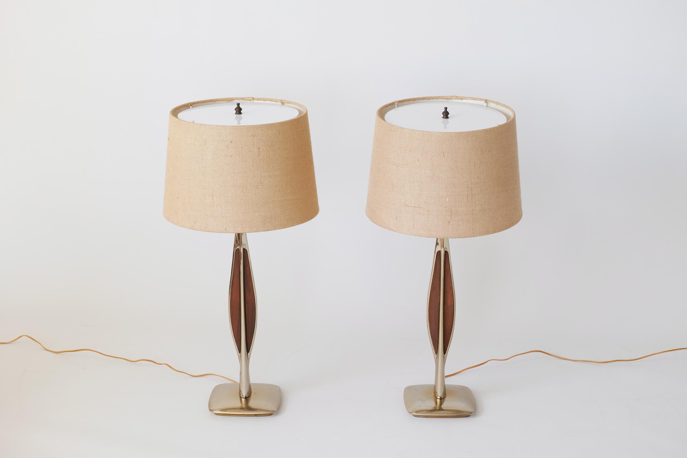 Mid-Century Modern Brass and Wood Table Lamps by Laurel 4