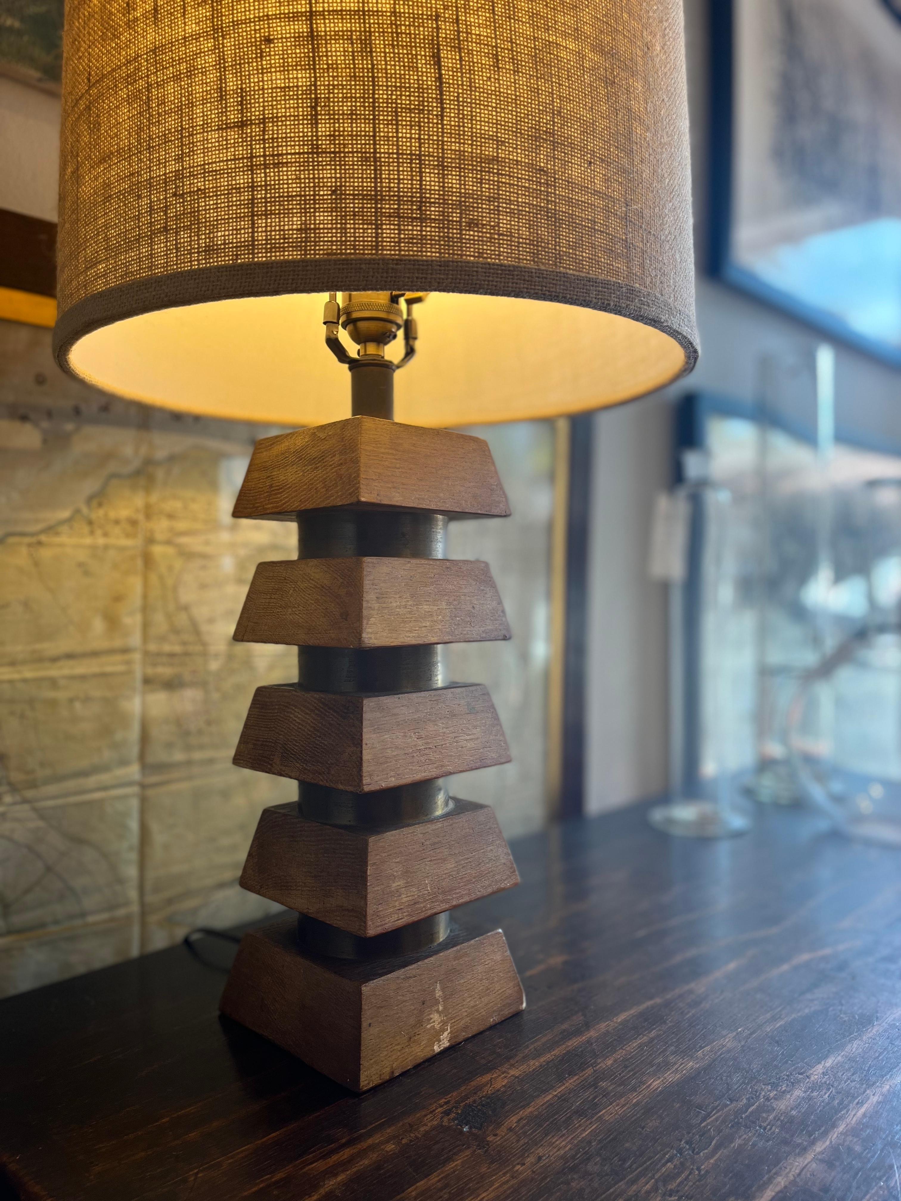 Mid-Century Modern Midcentury Modern Brass and Wood Tiered Tabled Lamp
