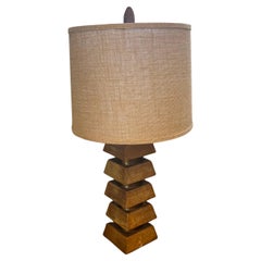 Midcentury Modern Brass and Wood Tiered Tabled Lamp