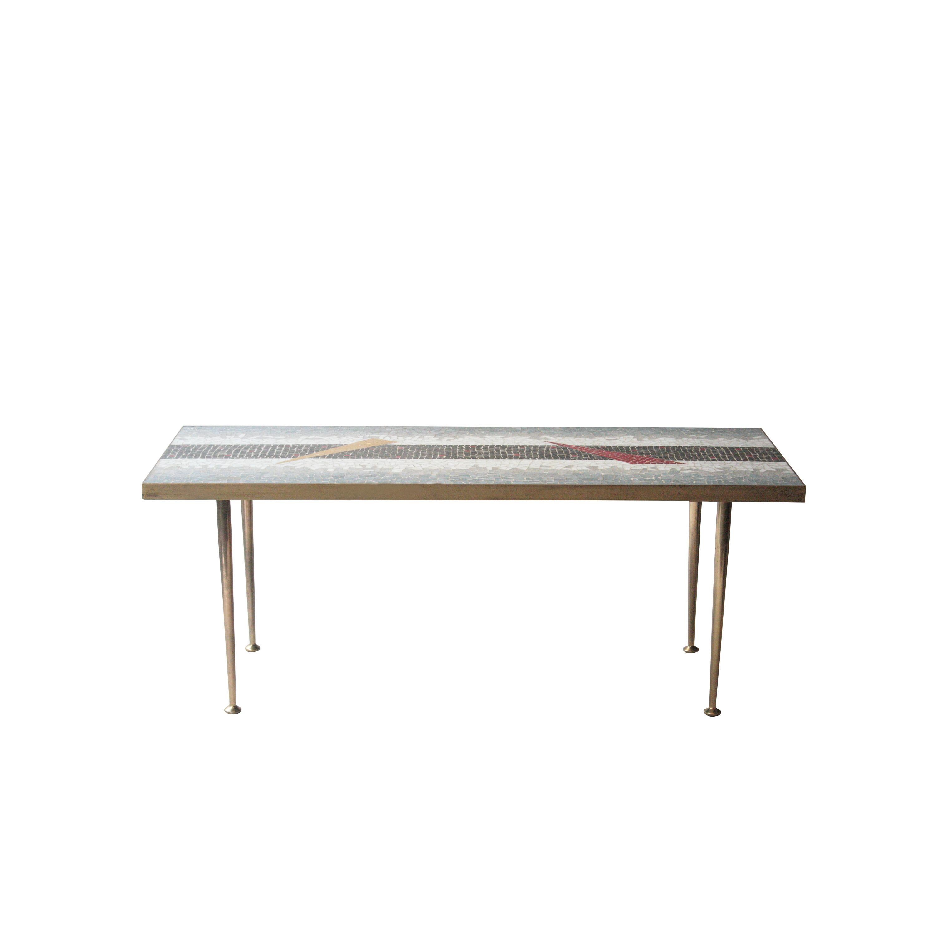 Coffee table with a brass structure, rectangular top in vitrified tiles in various colors.