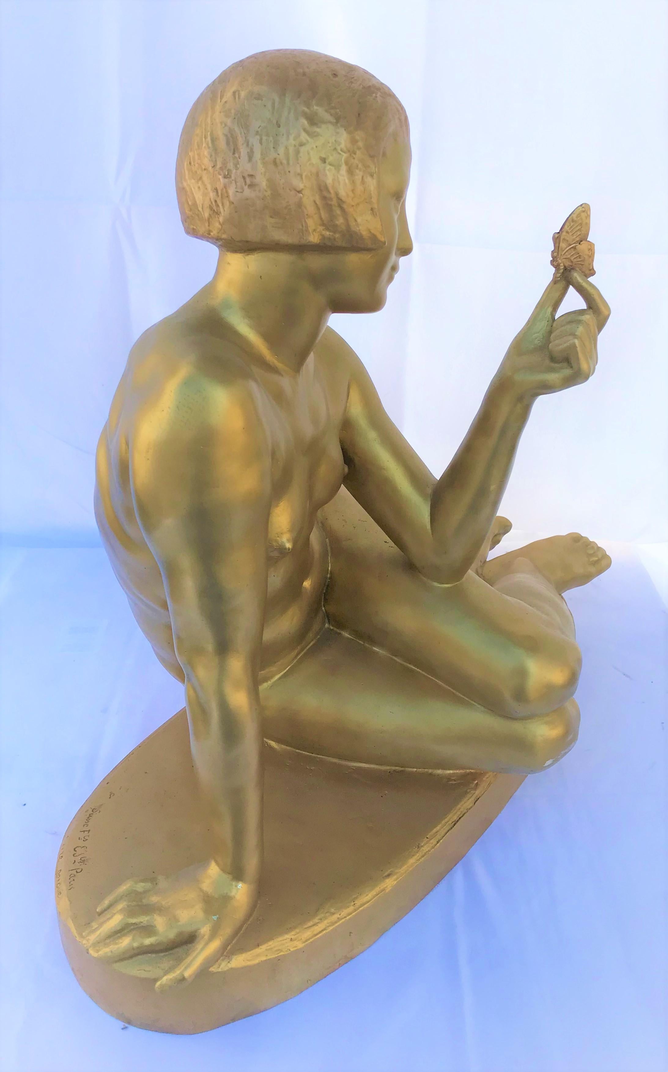 French Midcentury /Modern Bronze, Nude Girl w Butterfly Gold Finish, Signed For Sale