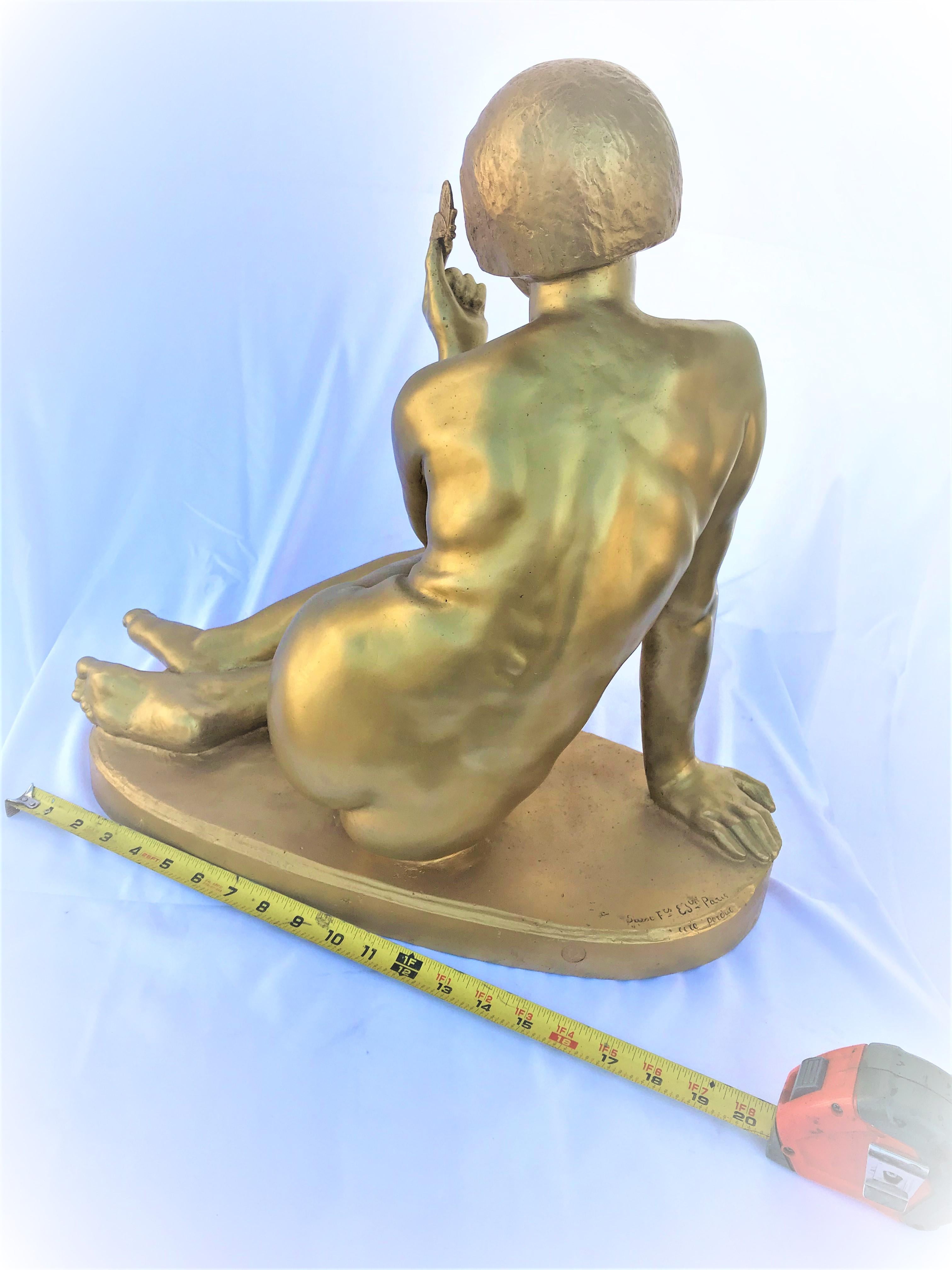 Midcentury /Modern Bronze, Nude Girl w Butterfly Gold Finish, Signed In Good Condition For Sale In Los Angeles, CA