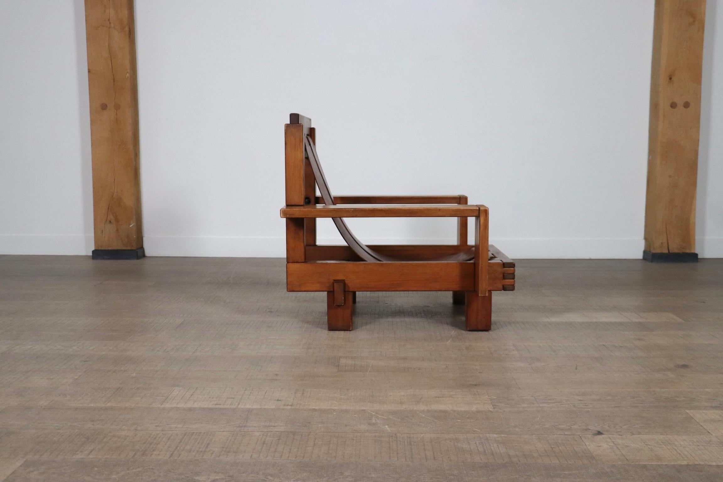 Midcentury Modern Brutalist Lounge Chair In Oak And Leather, Italy 1970s For Sale 12