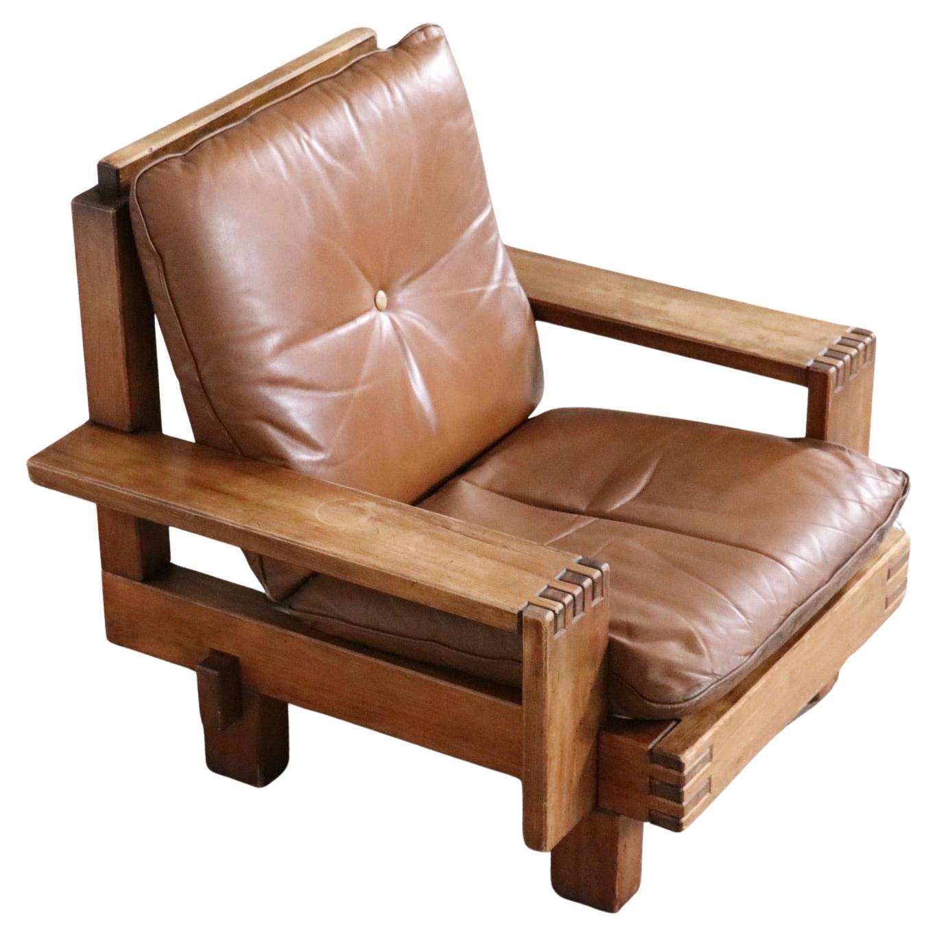 Midcentury Modern Brutalist Lounge Chair In Oak And Leather, Italy 1970s For Sale