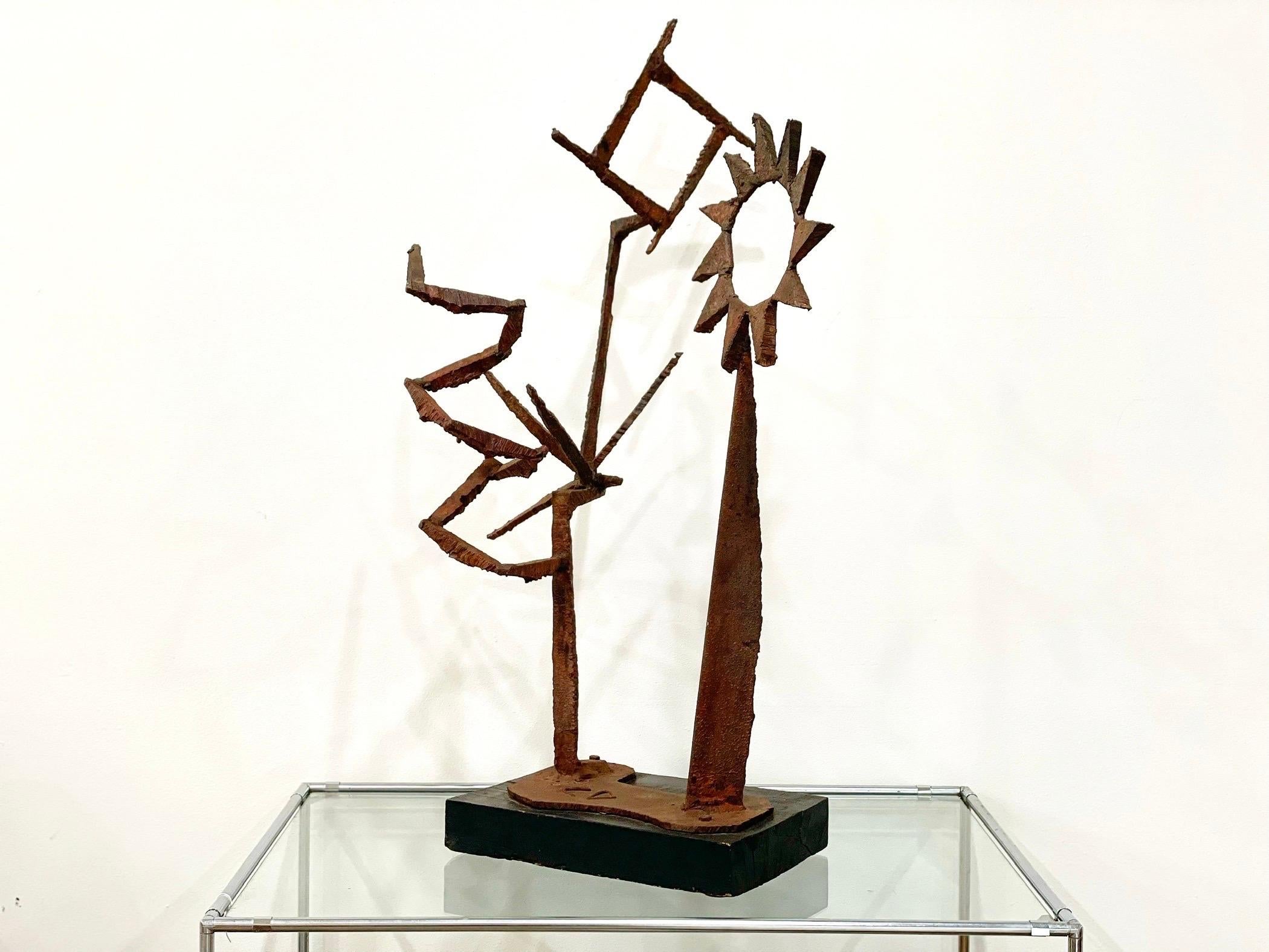 Mid-Century Modern Brutalist Metal Sculpture, Torch Cut Sun Statue For Sale 6