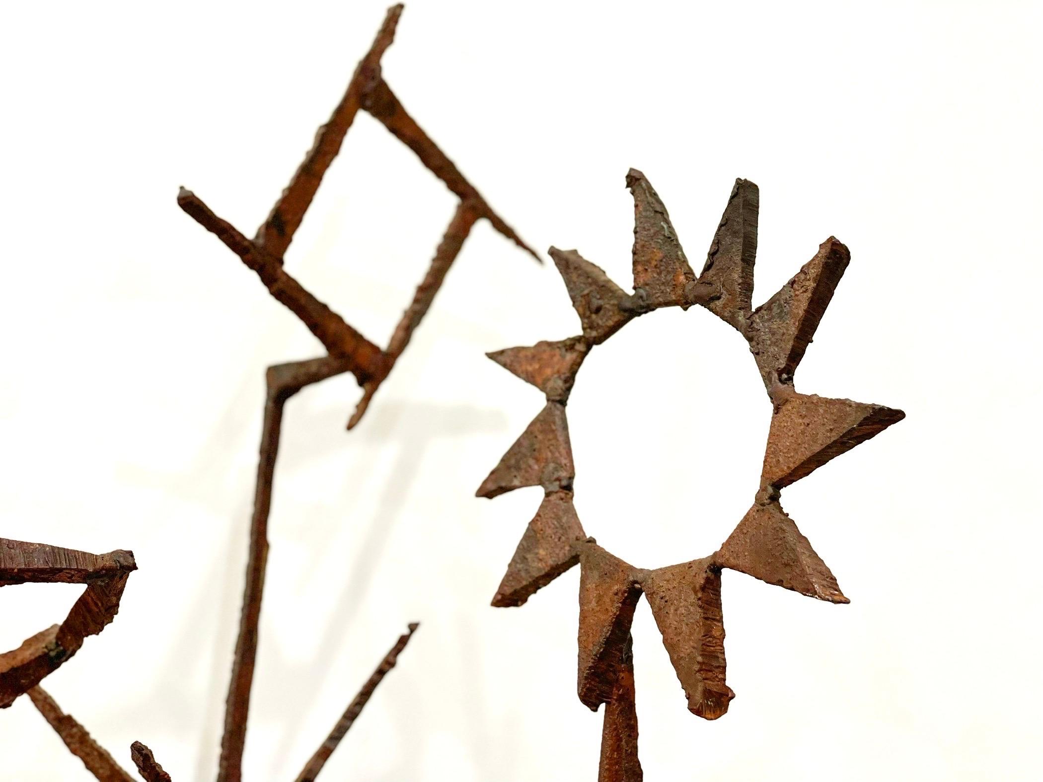 American Mid-Century Modern Brutalist Metal Sculpture, Torch Cut Sun Statue For Sale