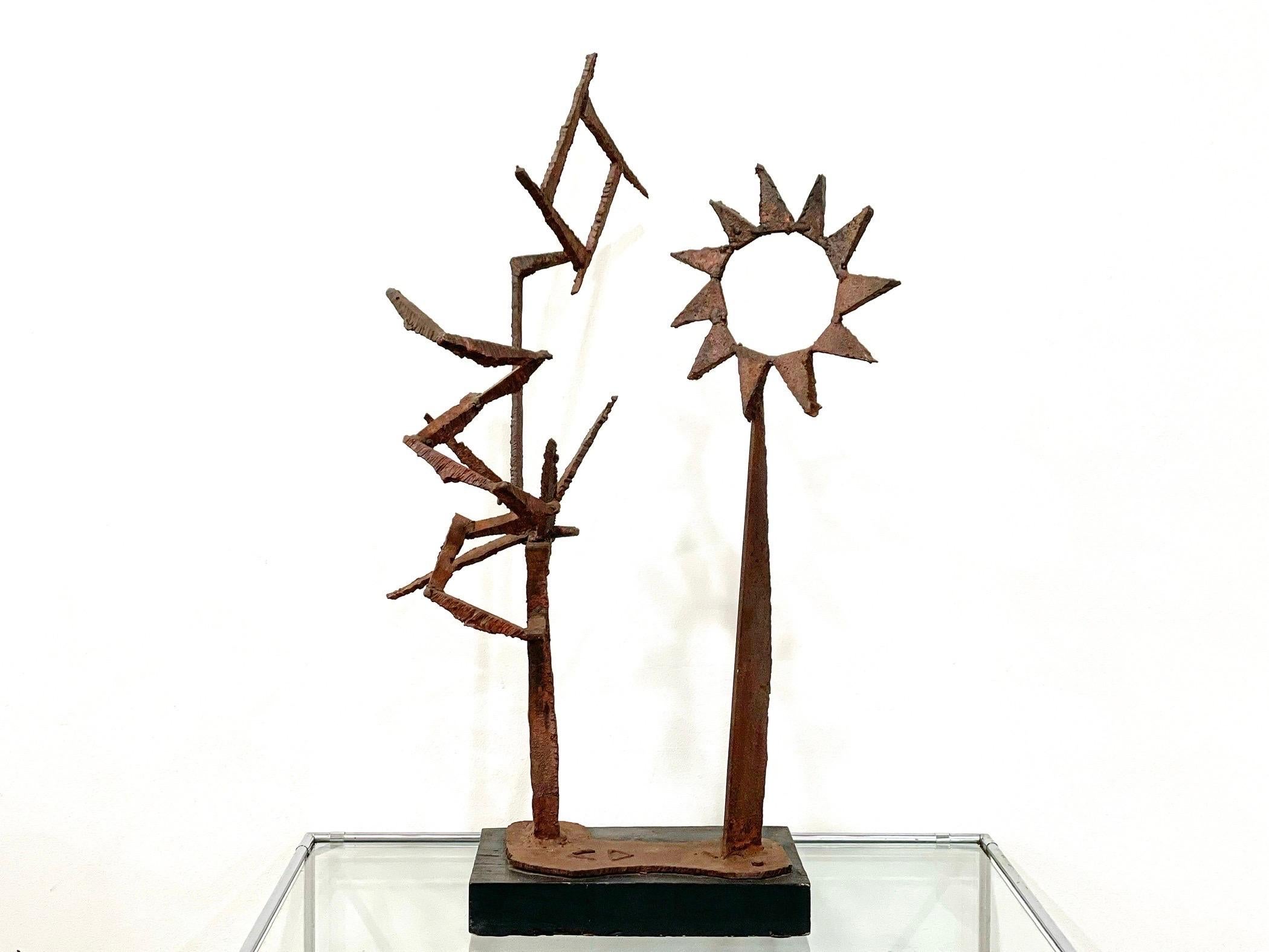 Late 20th Century Mid-Century Modern Brutalist Metal Sculpture, Torch Cut Sun Statue For Sale