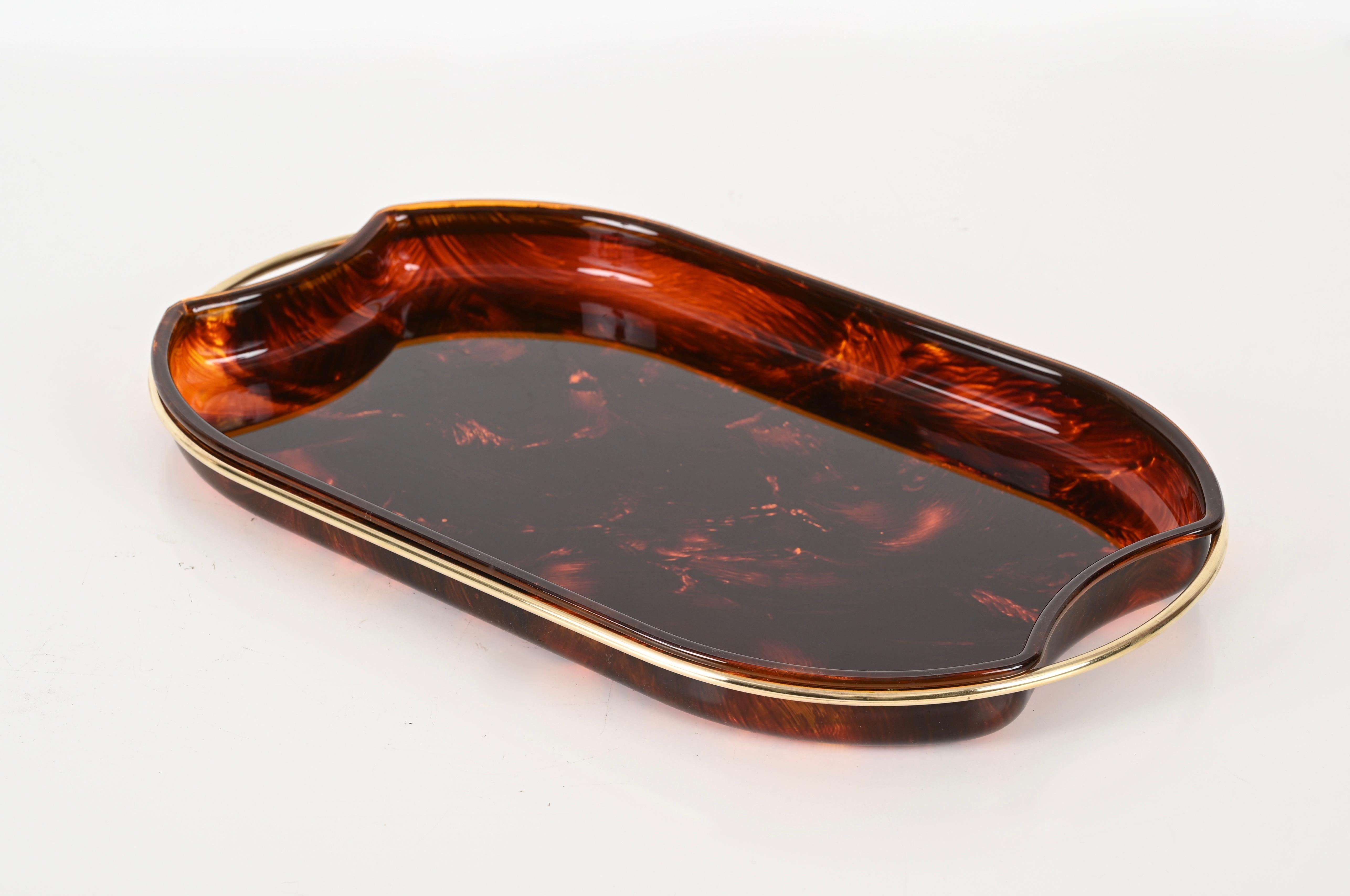 Mid-Century Modern Midcentury Modern By Guzzini Italian Lucite and Brass Oval Serving Tray, 1970s For Sale