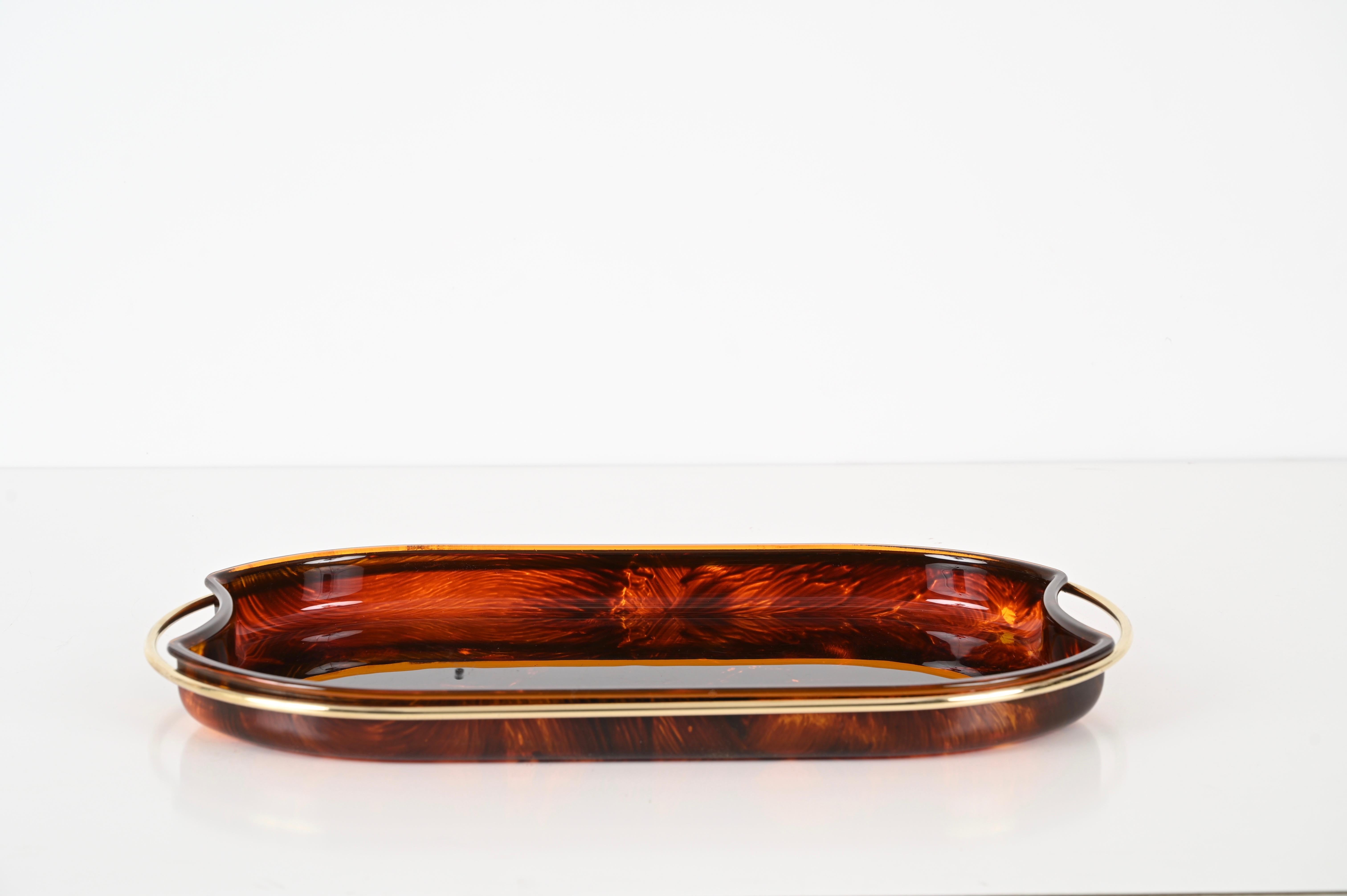 Acrylic Midcentury Modern By Guzzini Italian Lucite and Brass Oval Serving Tray, 1970s For Sale