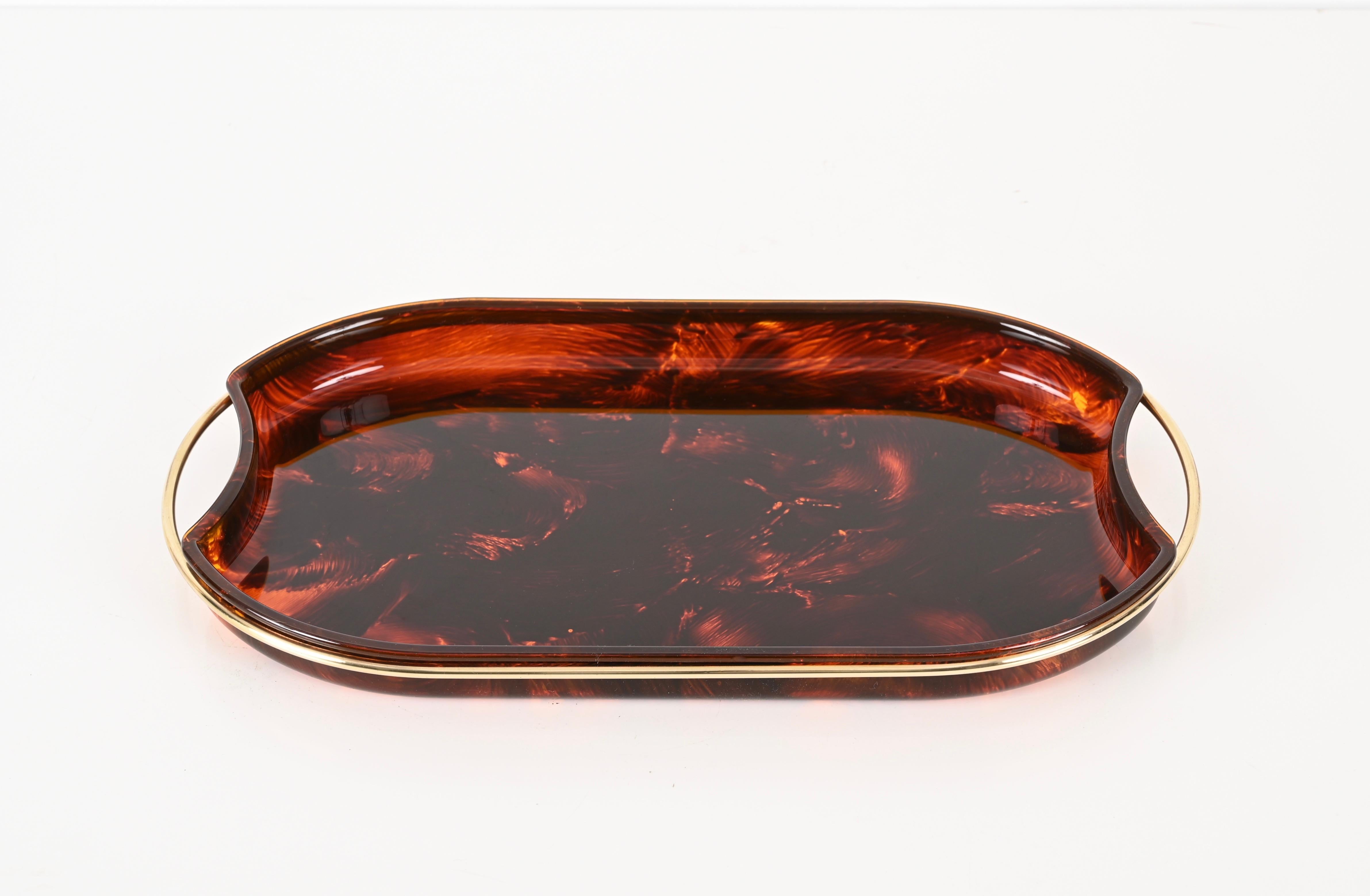Midcentury Modern By Guzzini Italian Lucite and Brass Oval Serving Tray, 1970s For Sale 1