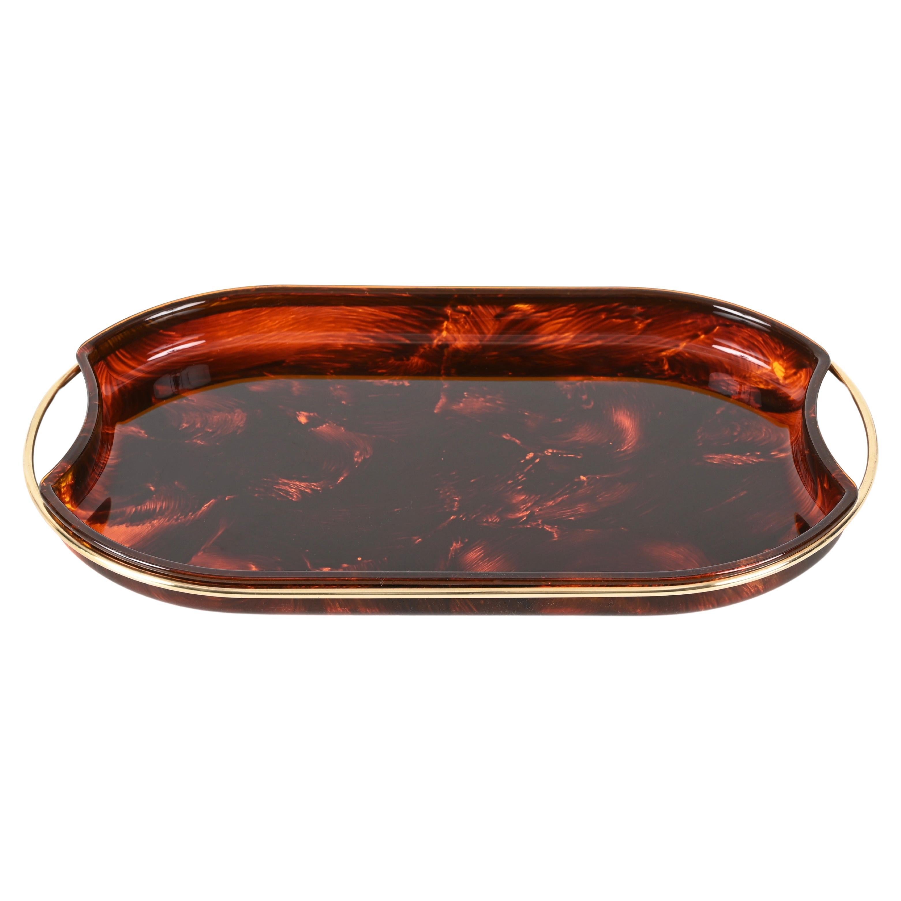 Midcentury Modern By Guzzini Italian Lucite and Brass Oval Serving Tray, 1970s For Sale