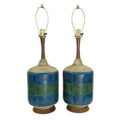 Midcentury Modern Ceramic and Walnut Lamps