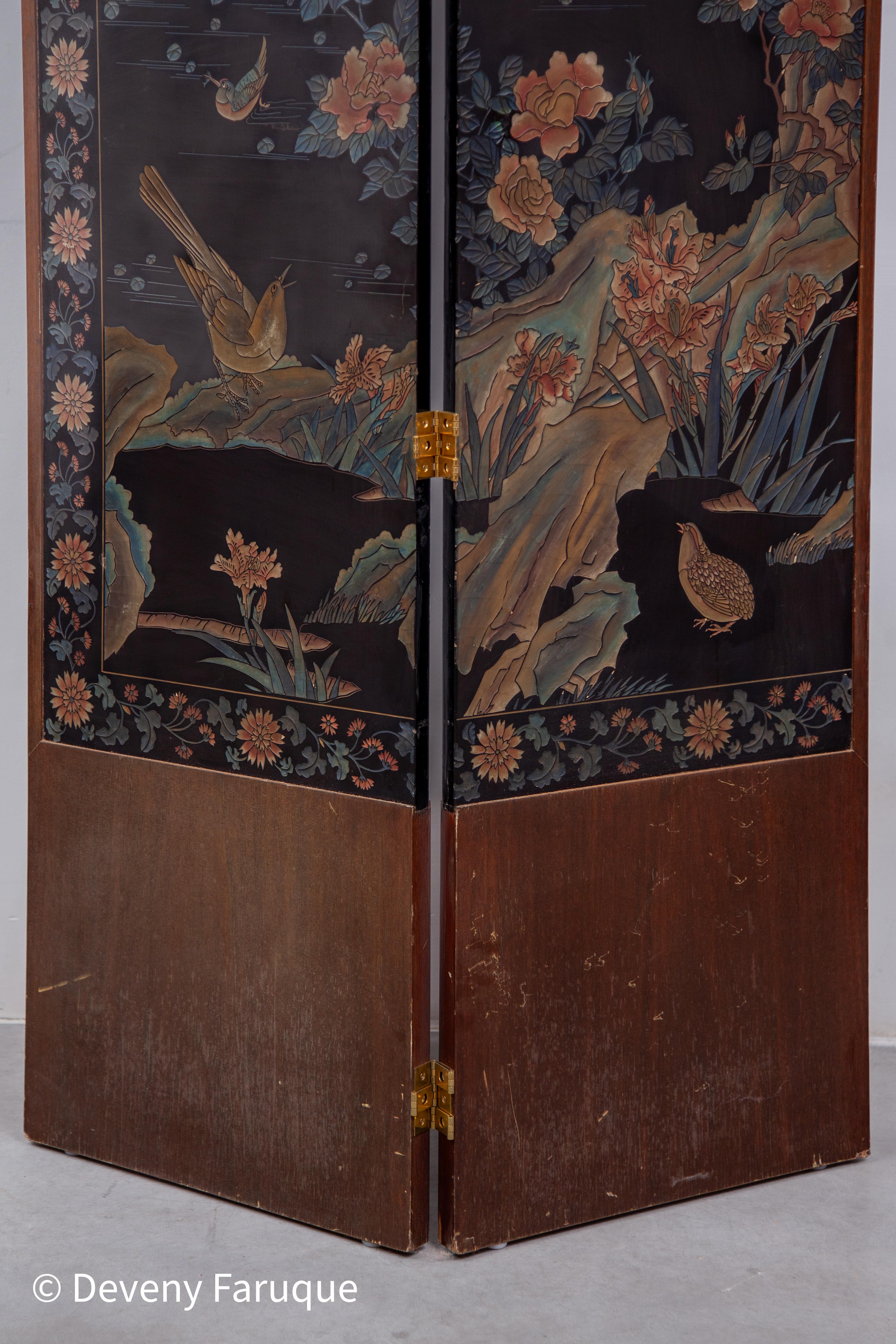 Midcentury Modern Chinese Four Panel Screen, Roomdivider with Landscape & Birds For Sale 6