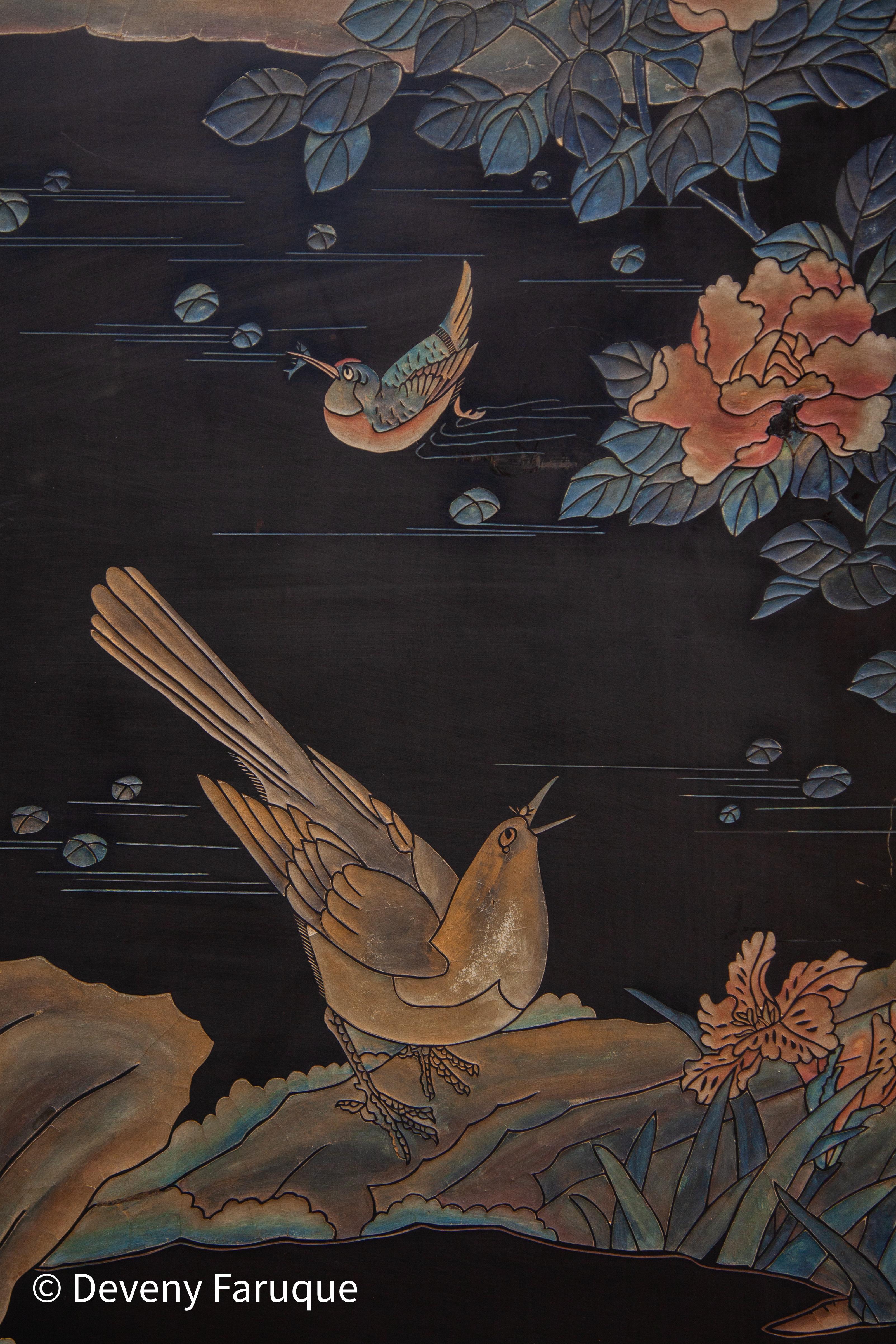 Midcentury Modern Chinese Four Panel Screen, Roomdivider with Landscape & Birds For Sale 8