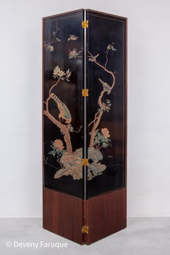 Midcentury Modern Chinese Four Panel Screen, Roomdivider with Landscape & Birds