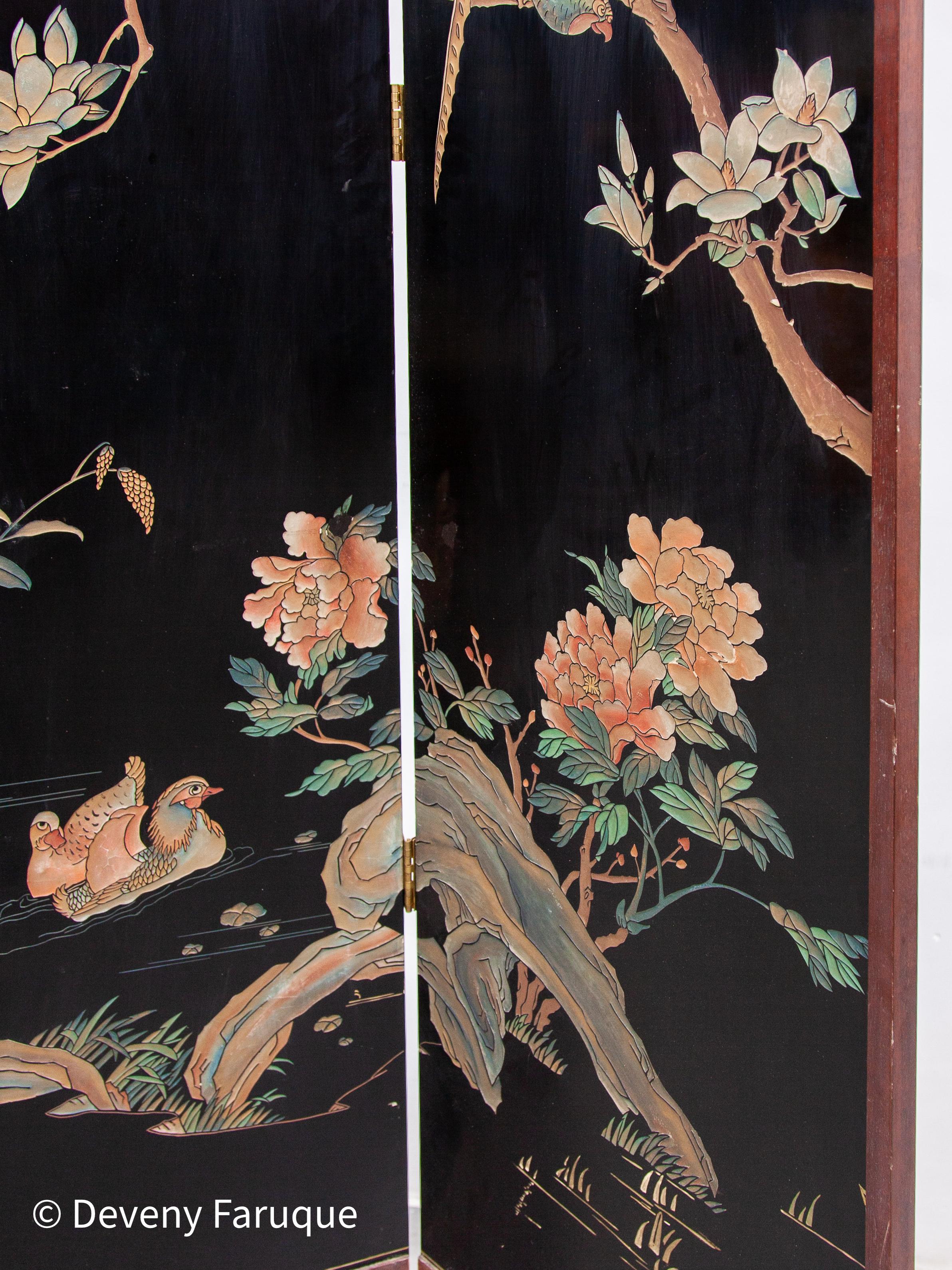 Midcentury Modern Chinese Four Panel Screen, Roomdivider with Landscape & Birds For Sale 13