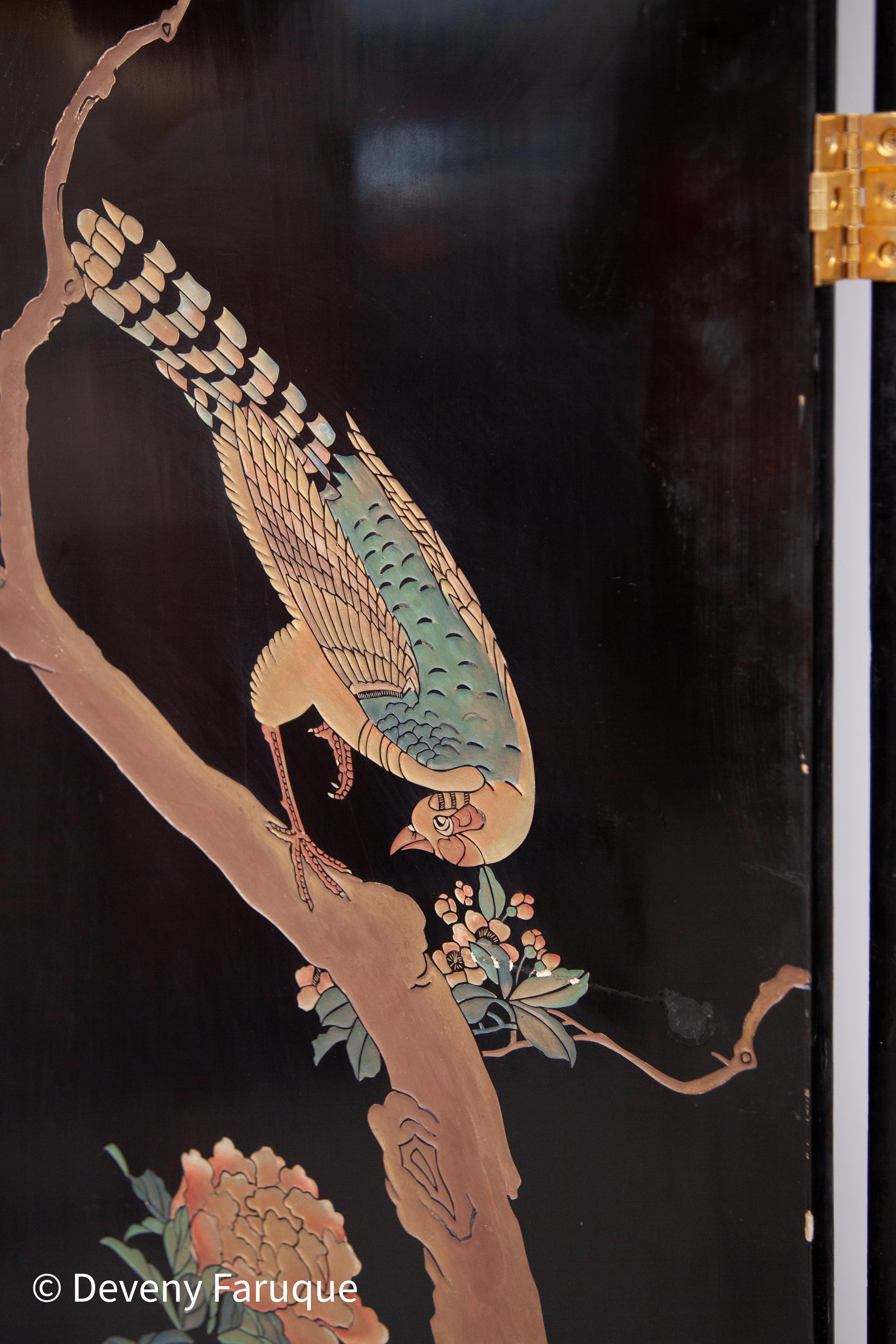 European Midcentury Modern Chinese Four Panel Screen, Roomdivider with Landscape & Birds For Sale