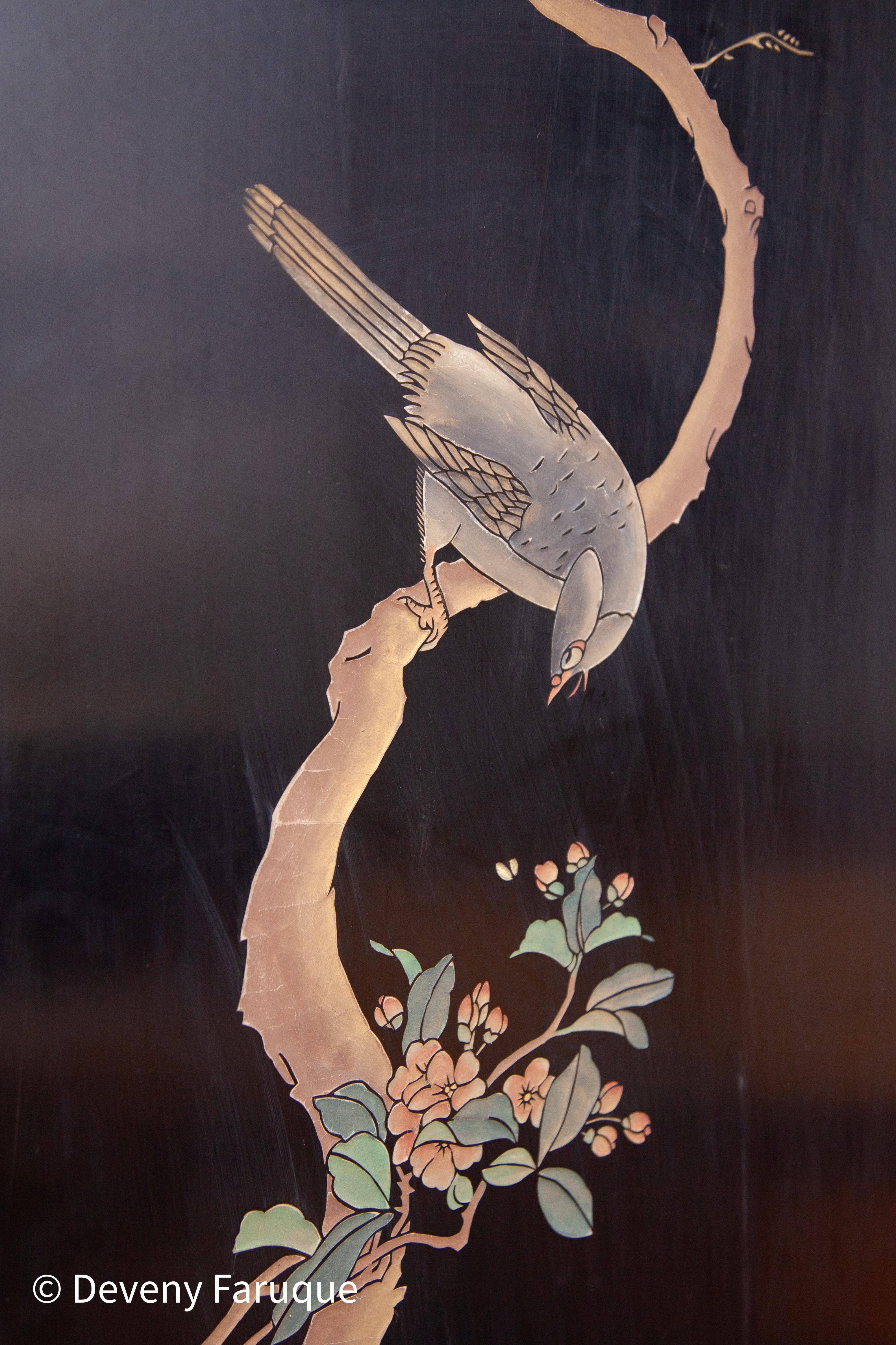 Midcentury Modern Chinese Four Panel Screen, Roomdivider with Landscape & Birds In Good Condition For Sale In Antwerp, BE