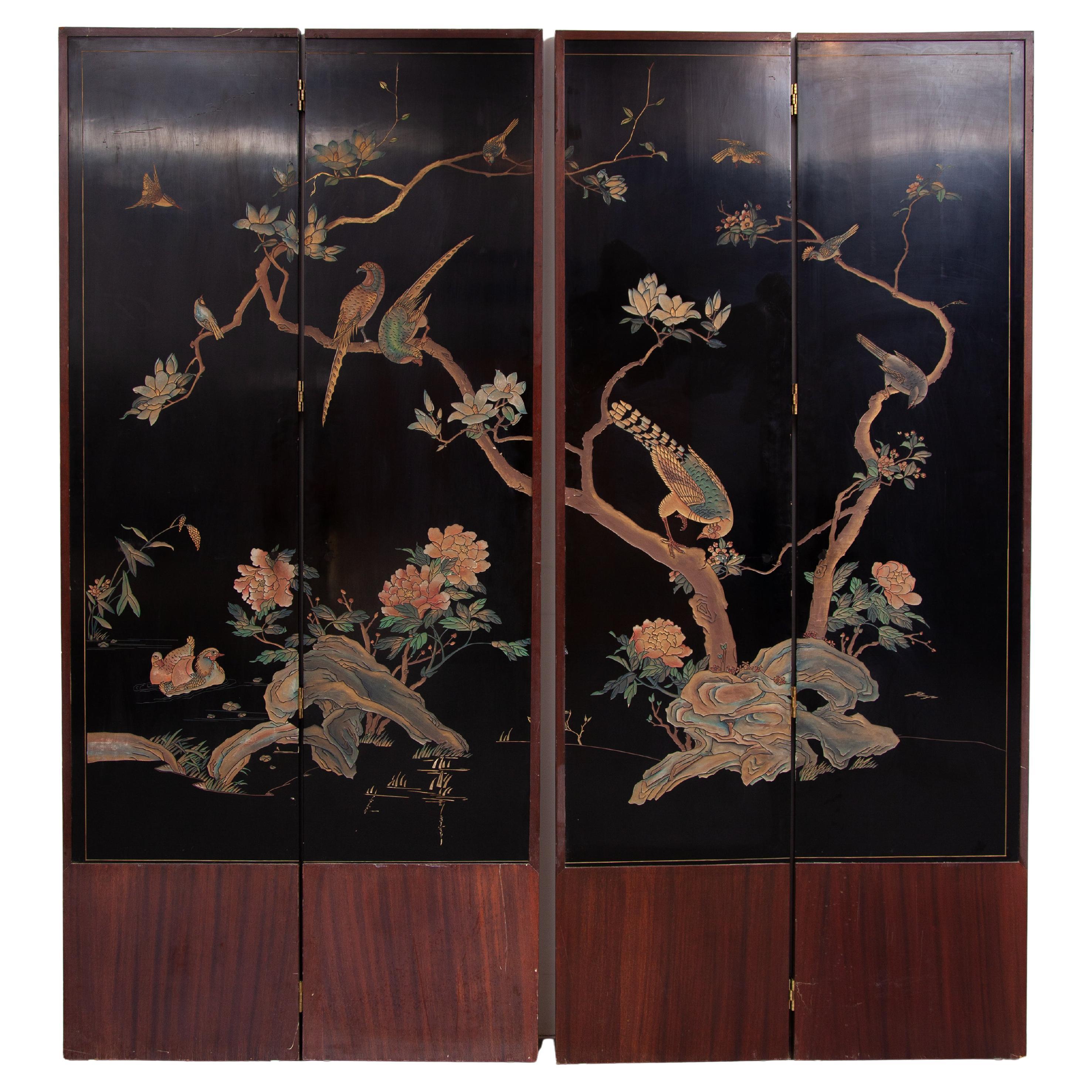 Midcentury Modern Chinese Four Panel Screen, Roomdivider with Landscape & Birds