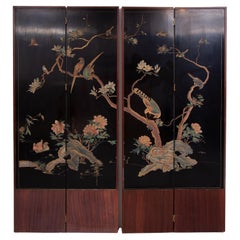 Midcentury Modern Chinese Four Panel Screen, Roomdivider with Landscape & Birds