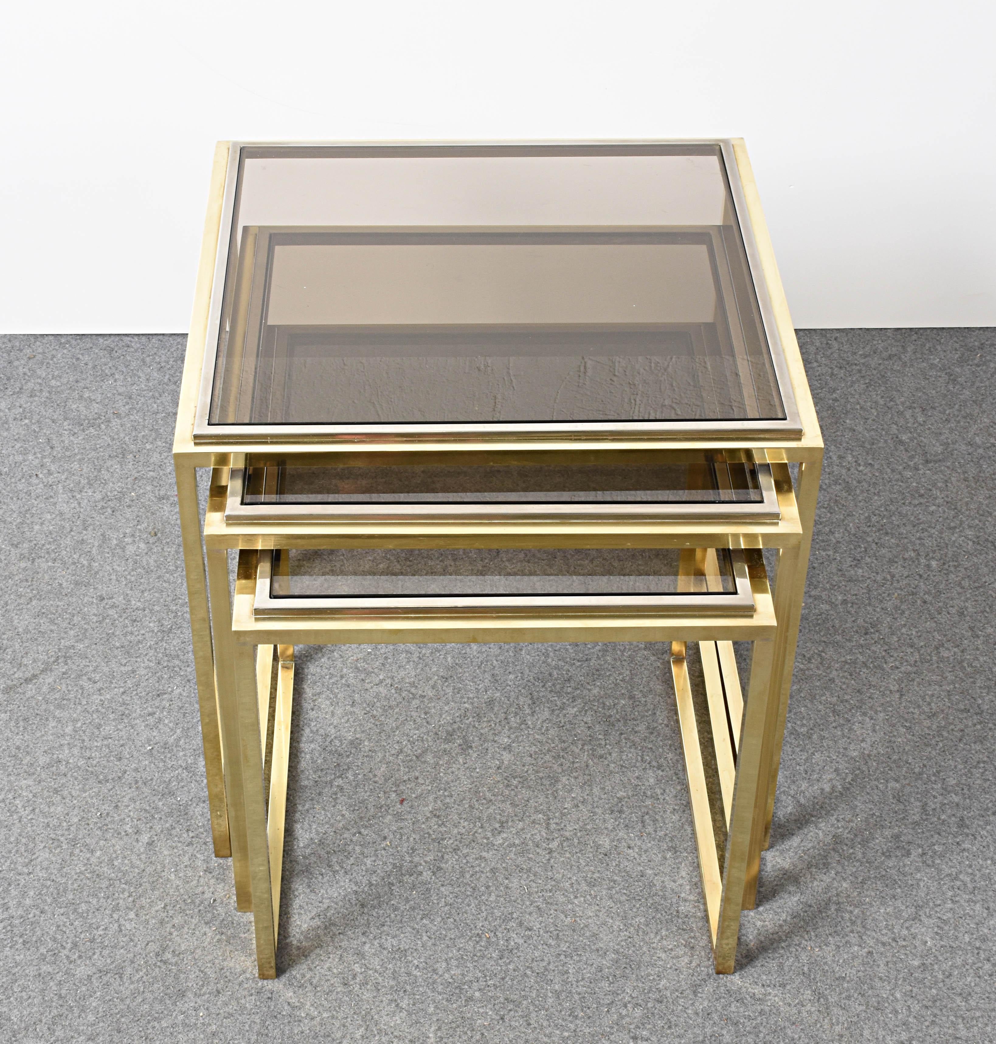 Mid-Century Modern Chrome and Brass Smoked Glass Italian Nesting Tables, 1970s For Sale 5