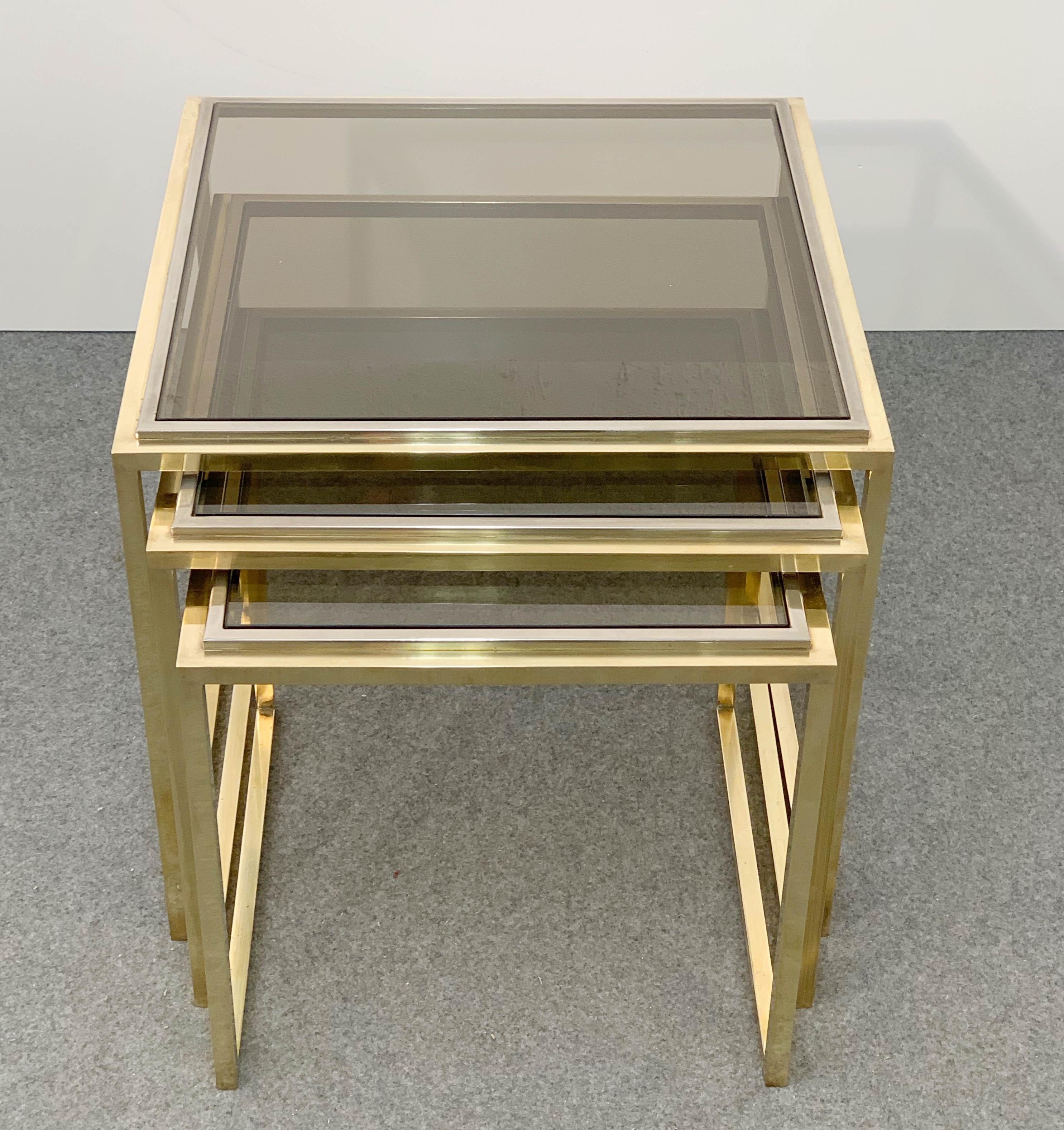 Mid-Century Modern Chrome and Brass Smoked Glass Italian Nesting Tables, 1970s For Sale 6