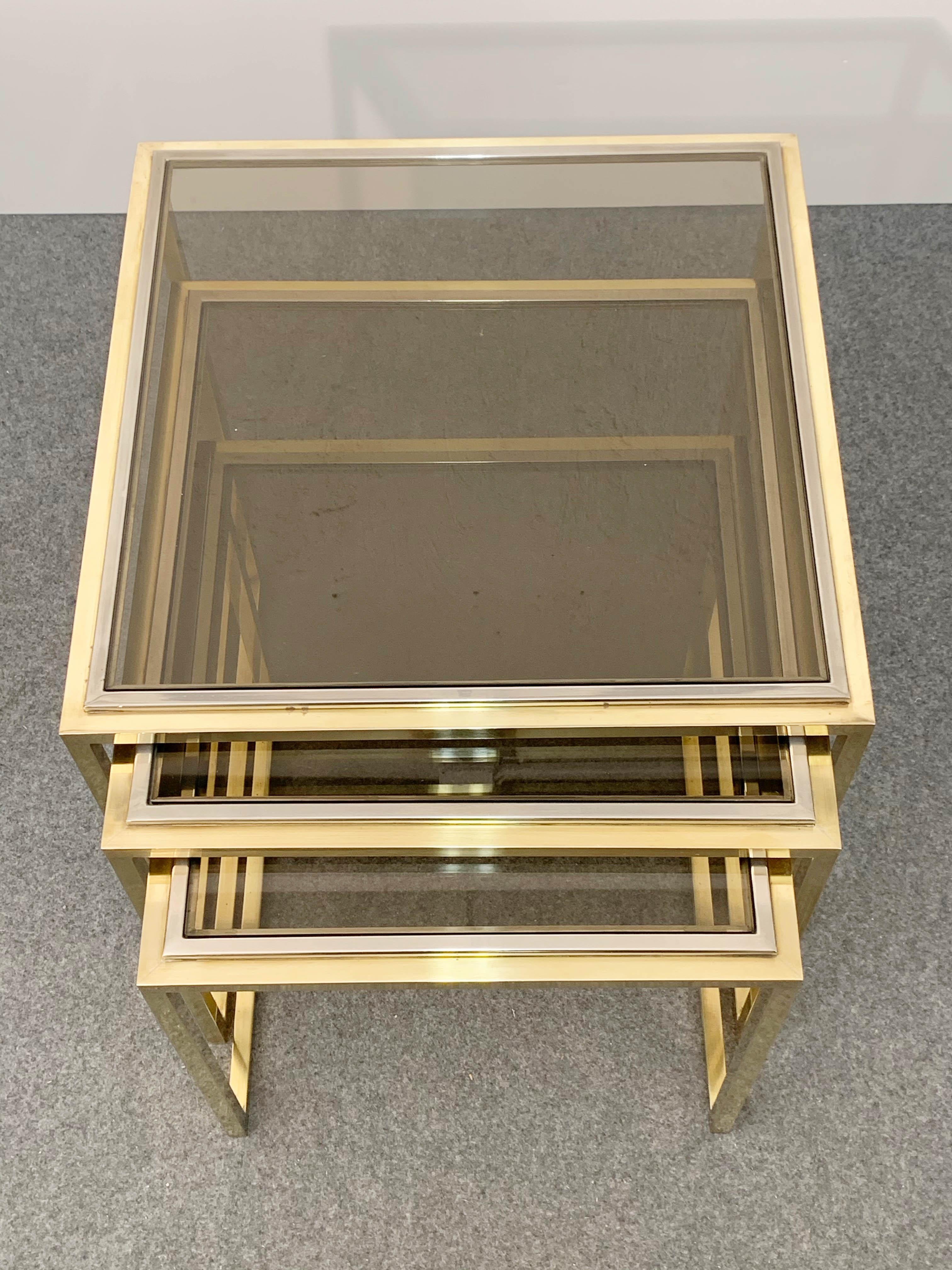 Mid-Century Modern Chrome and Brass Smoked Glass Italian Nesting Tables, 1970s For Sale 7