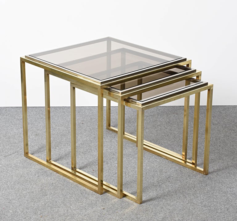 MidCentury Modern Chrome and Brass Smoked Glass Italian Nesting Tables