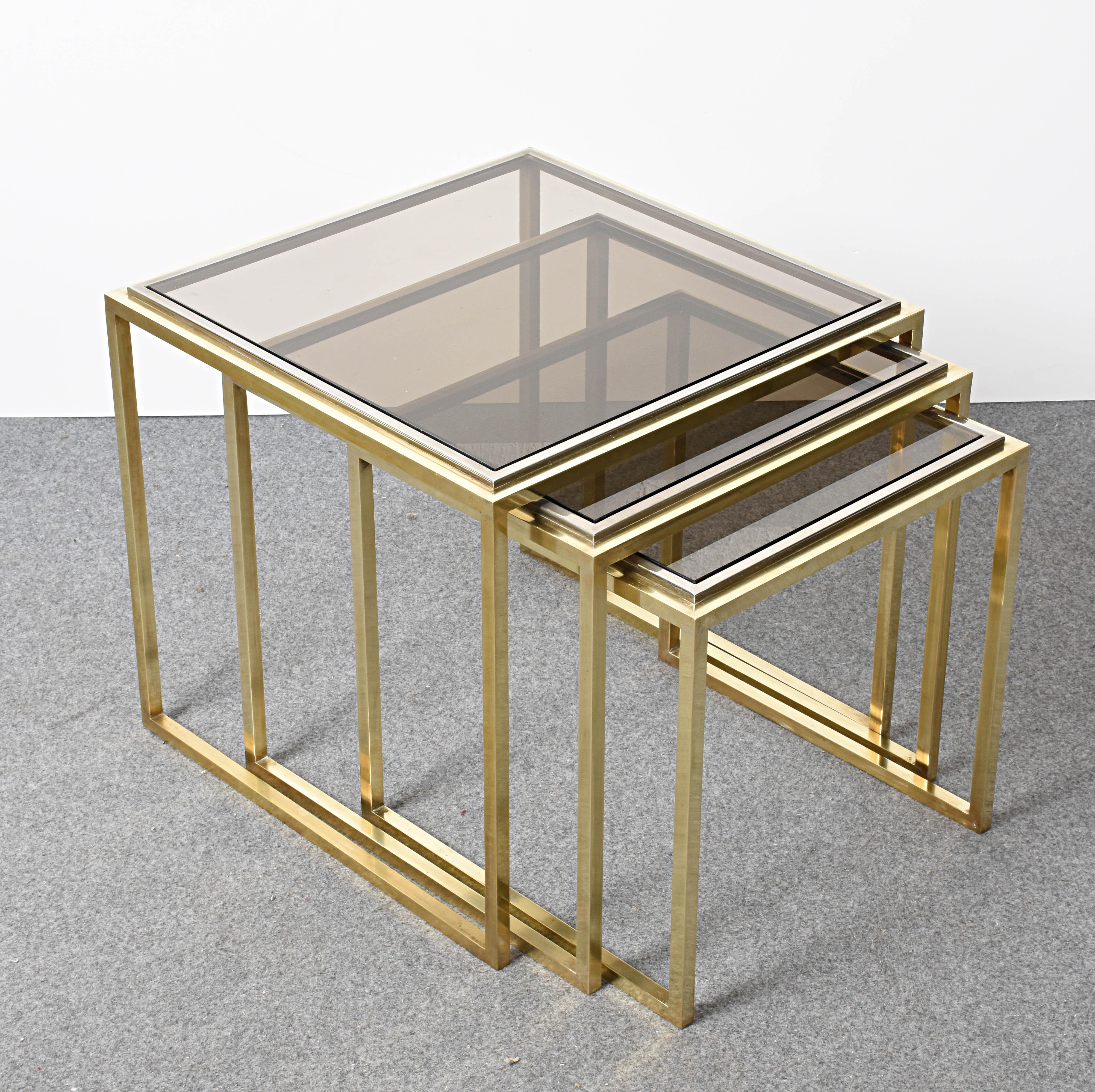 20th Century Mid-Century Modern Chrome and Brass Smoked Glass Italian Nesting Tables, 1970s For Sale