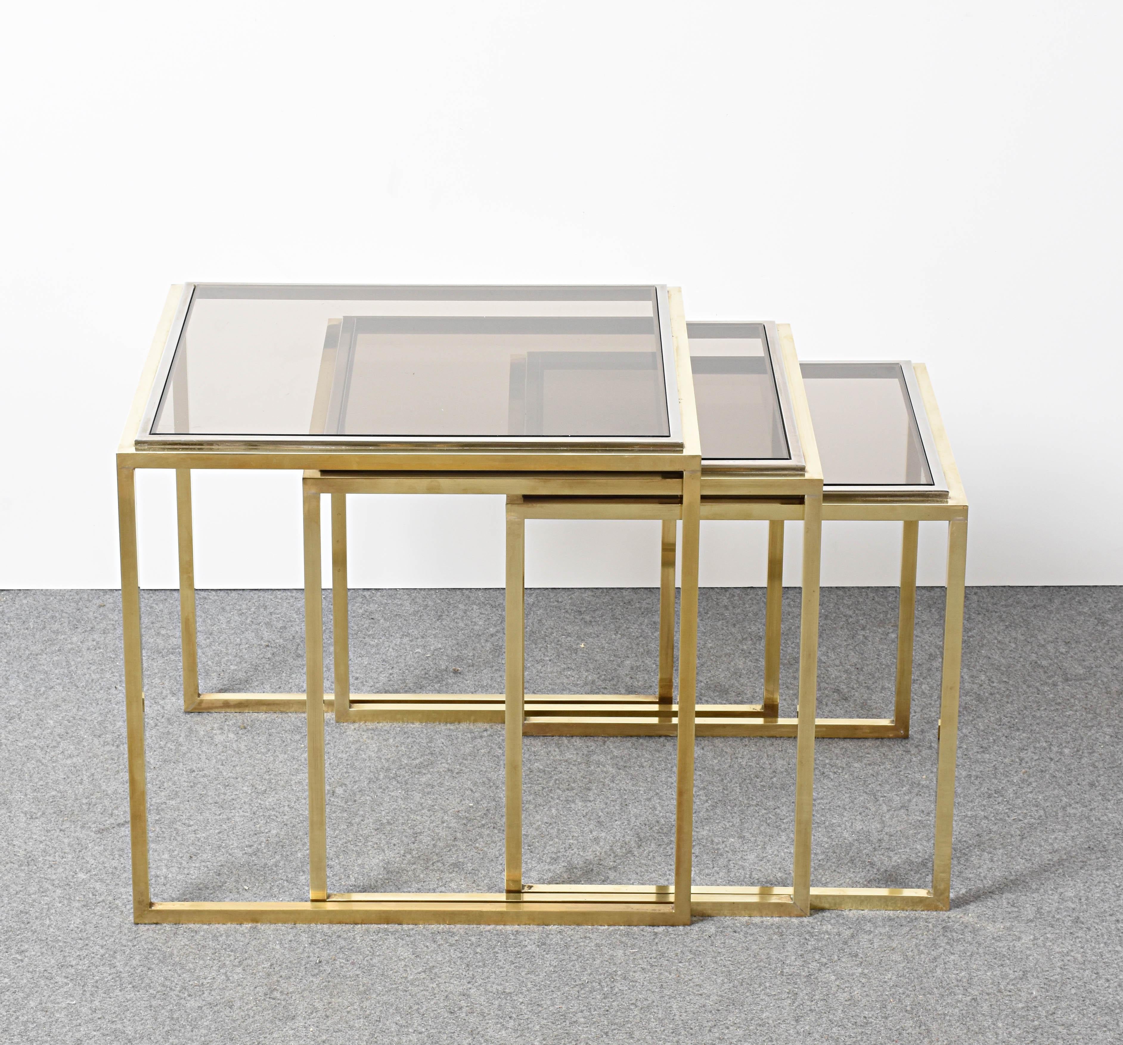 Mid-Century Modern Chrome and Brass Smoked Glass Italian Nesting Tables, 1970s For Sale 1