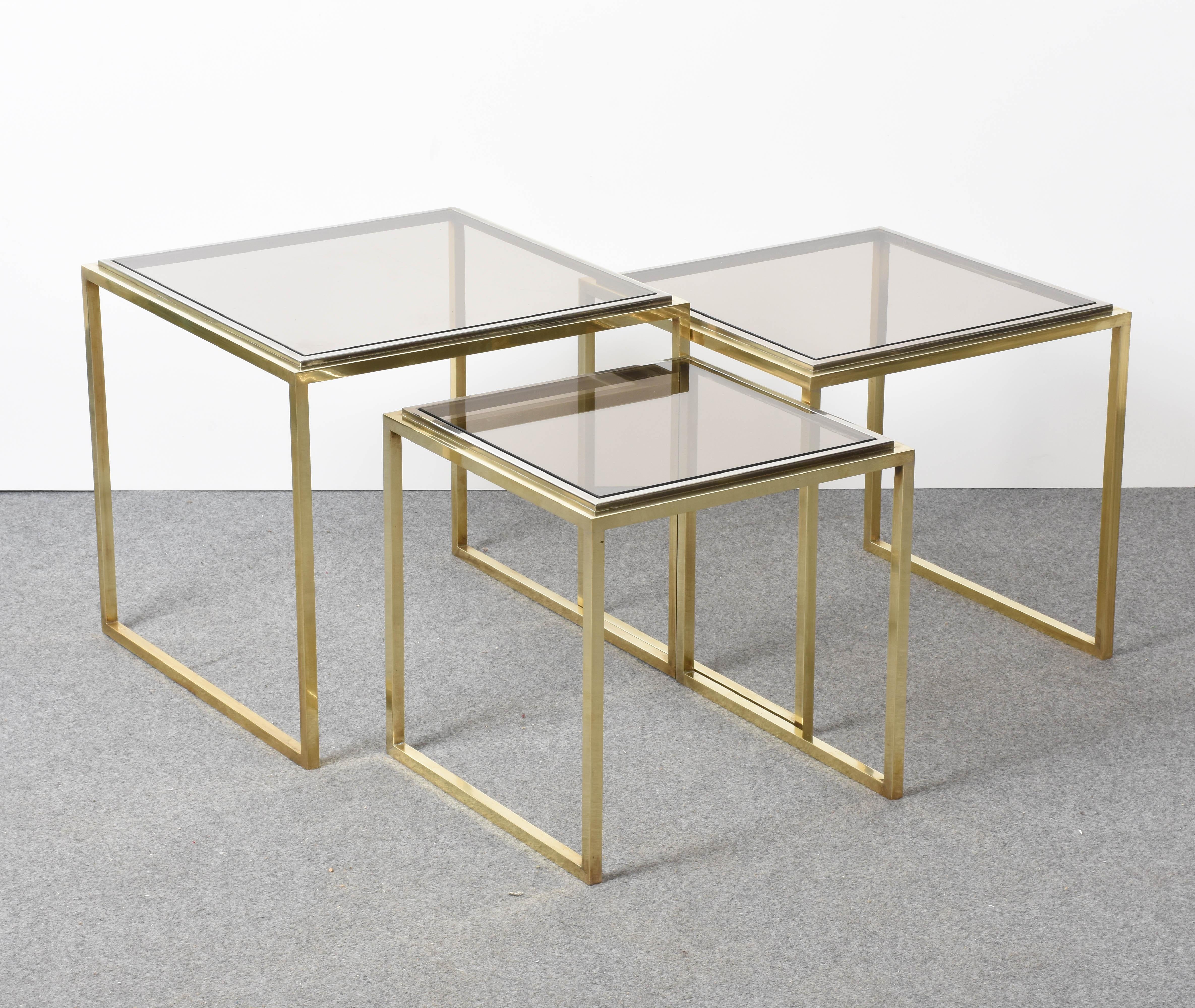 Mid-Century Modern Chrome and Brass Smoked Glass Italian Nesting Tables, 1970s For Sale 2