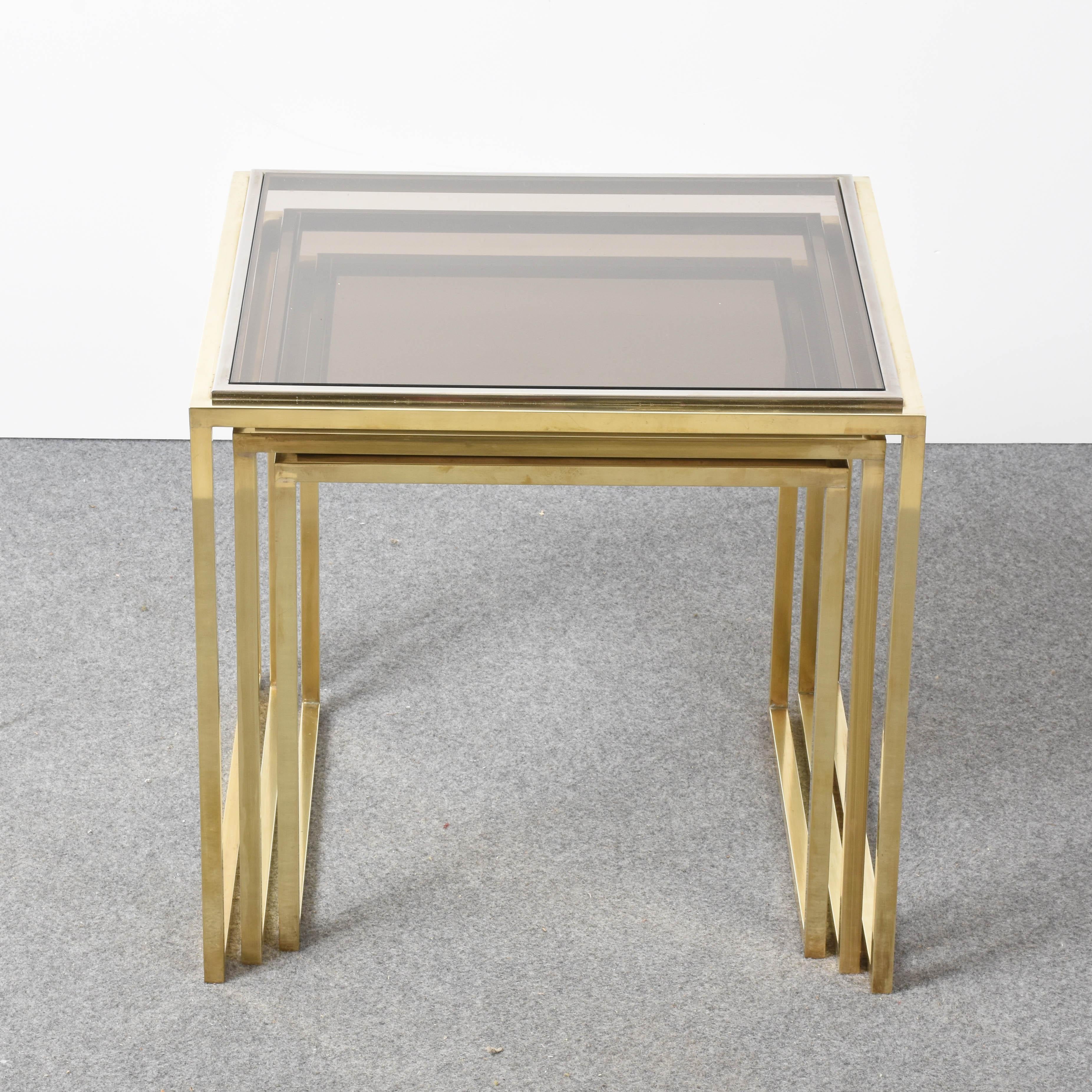 Mid-Century Modern Chrome and Brass Smoked Glass Italian Nesting Tables, 1970s For Sale 3