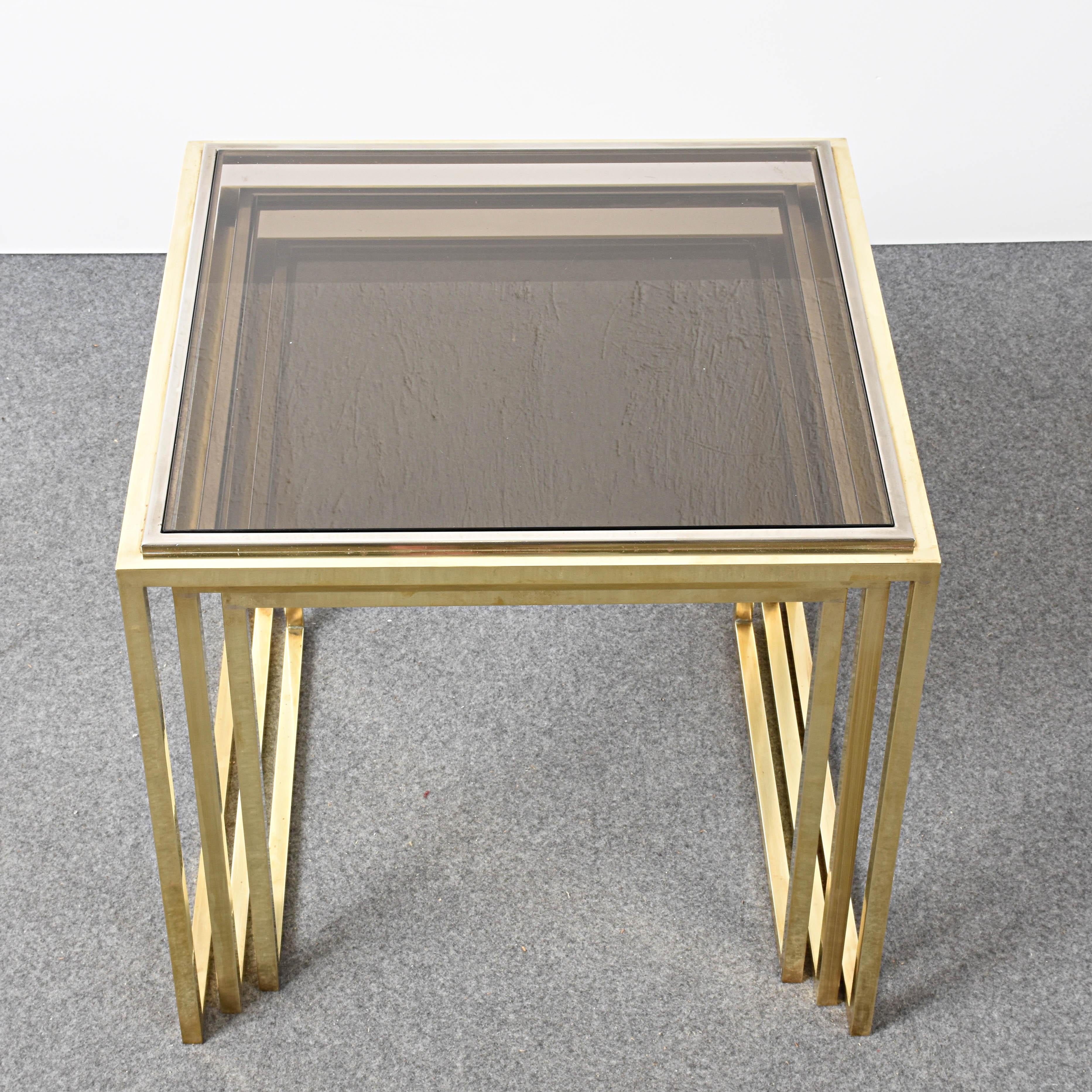 Mid-Century Modern Chrome and Brass Smoked Glass Italian Nesting Tables, 1970s For Sale 4