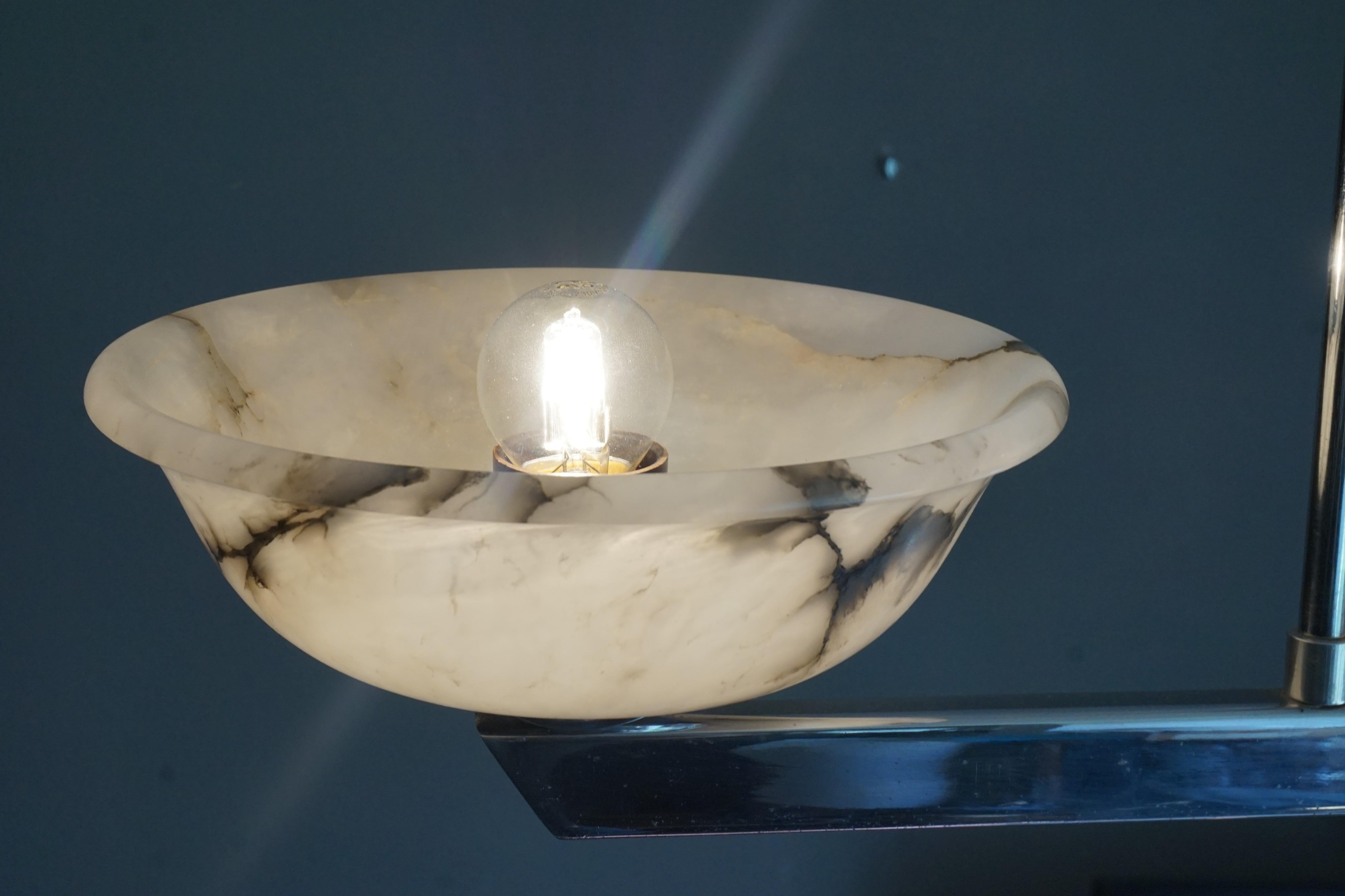 Midcentury Modern Chrome Metal and Black & White Alabaster Mineral Stone Pendant 3