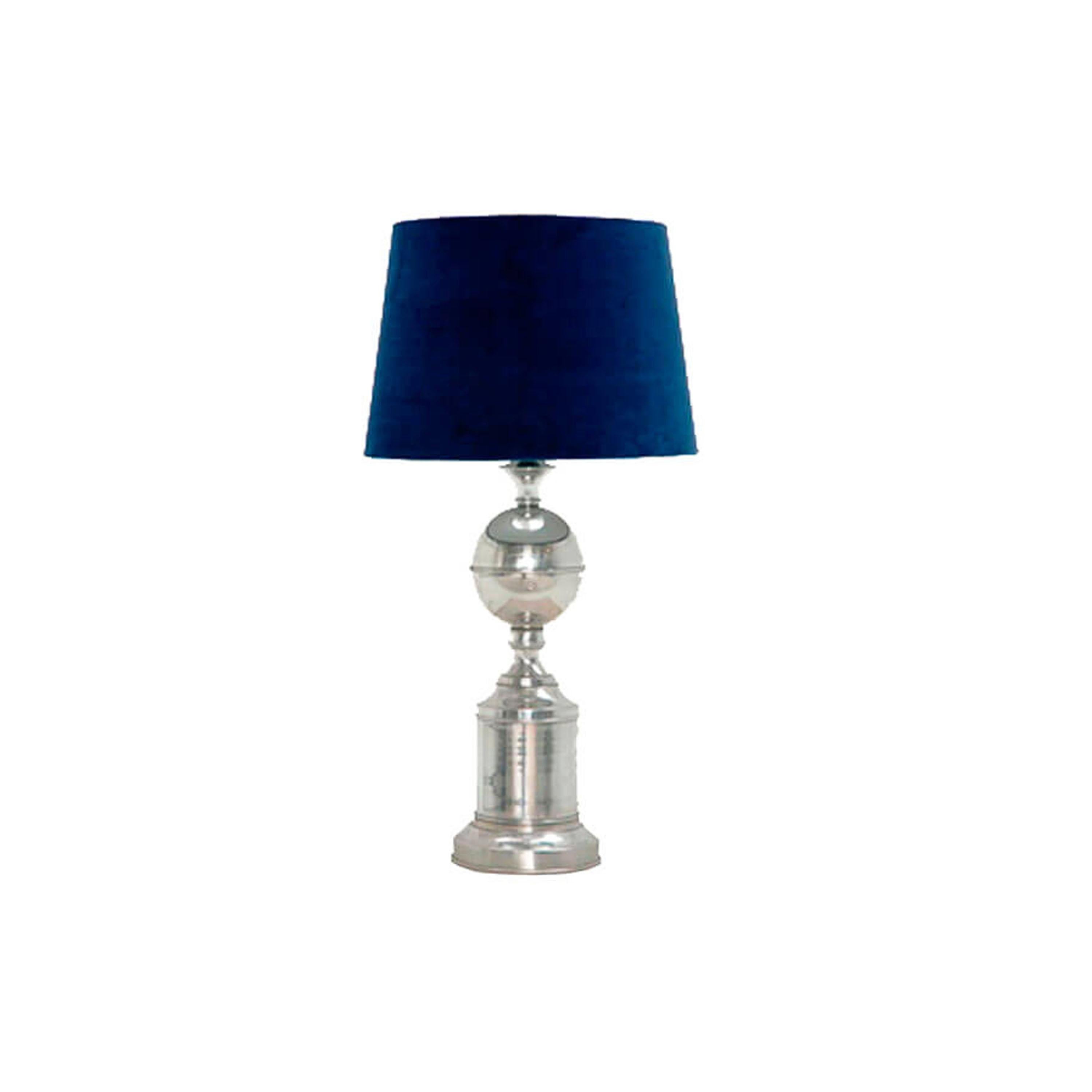 Pair of chrome metal lamps with handmade lampshade in blue cotton velvet.