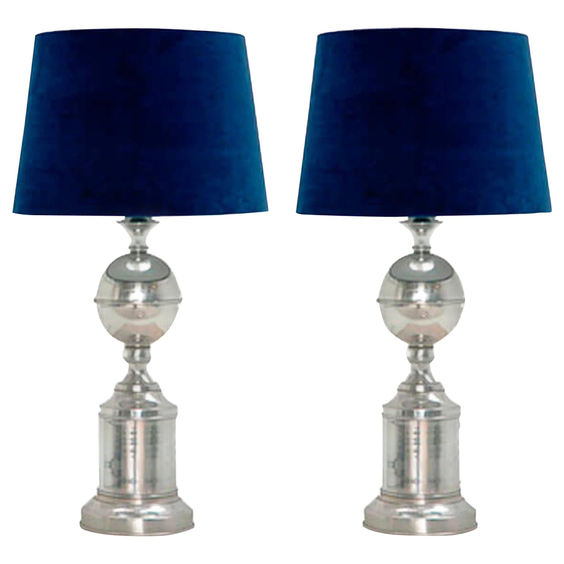 Mid-Century Modern Chrome Metal Blue Velvet Pair of Lamps, French, 1940