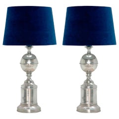 Vintage Mid-Century Modern Chrome Metal Blue Velvet Pair of Lamps, French, 1940