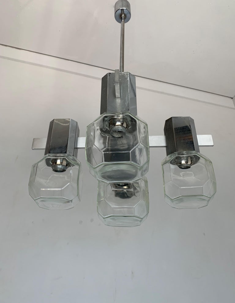MidCentury Modern Chrome Metal Pendant Light with Cubical Design Glass