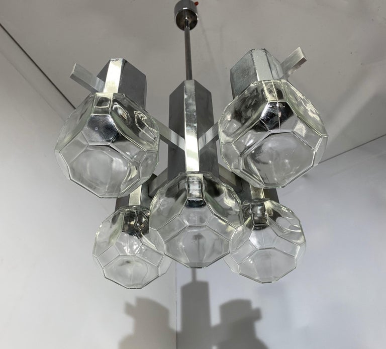 MidCentury Modern Chrome Metal Pendant Light with Cubical Design Glass
