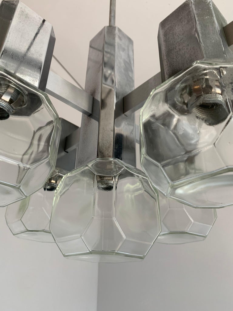 MidCentury Modern Chrome Metal Pendant Light with Cubical Design Glass