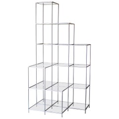 Midcentury Modern Chromed Tubular Steel Structure Crystal Italian Shelf, 1970