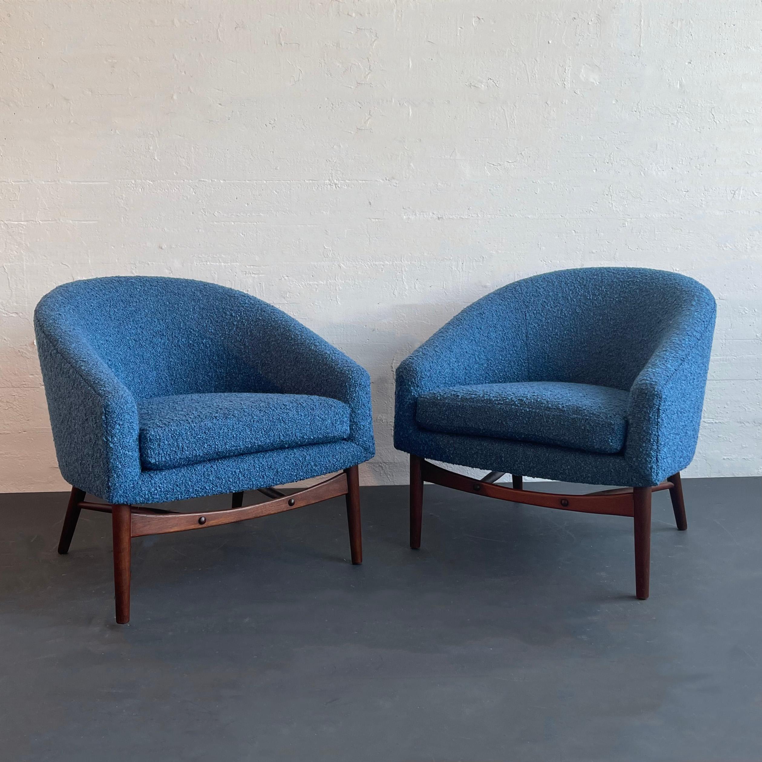 Gorgeous pair of mid-century modern, barrel club chairs designed by the Boston designer and architect Lawrence 