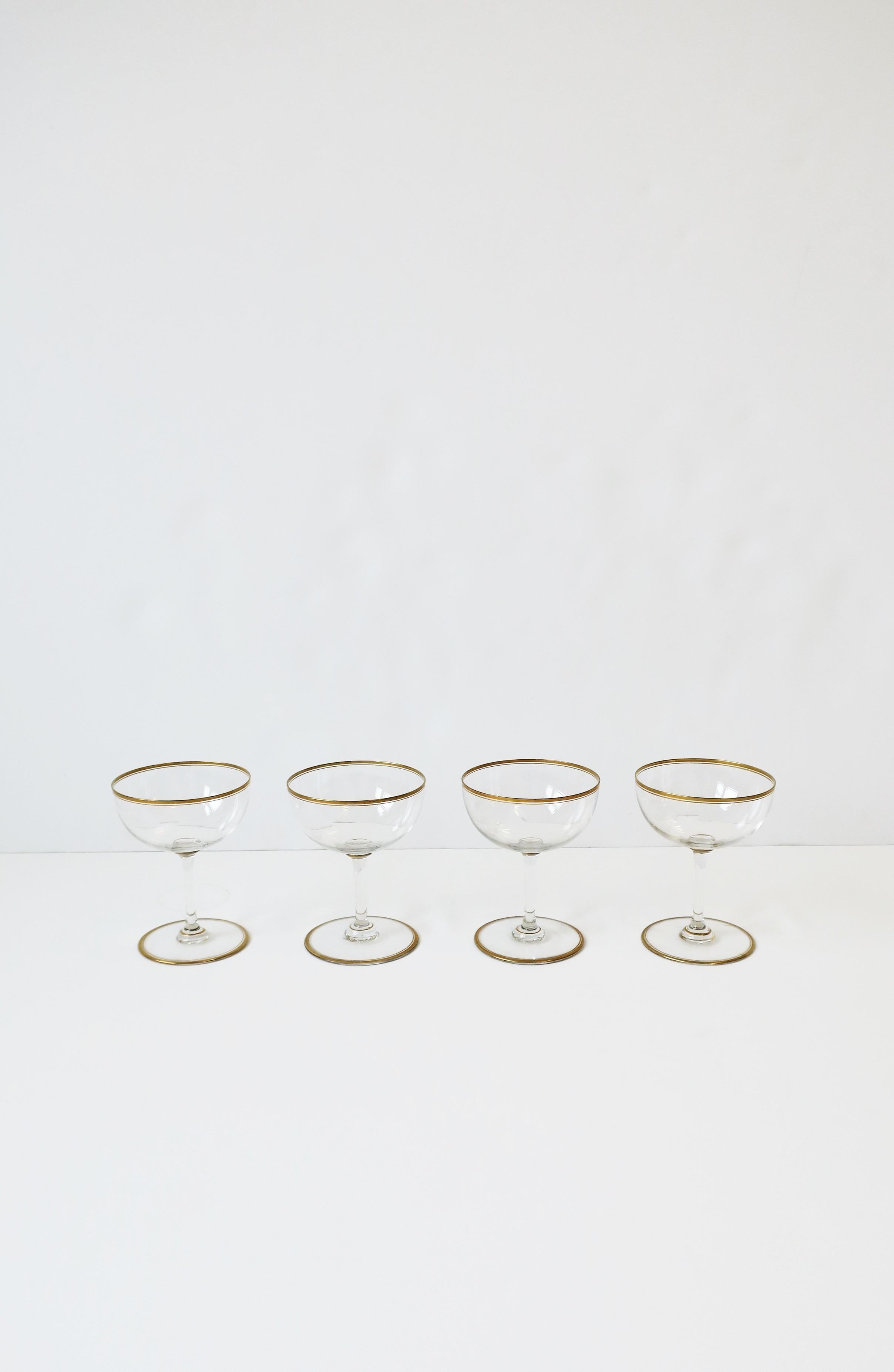 European Mid-Century Modern Cocktail or Champagne Glasses Coupes w/Gold Detail, Set of 4
