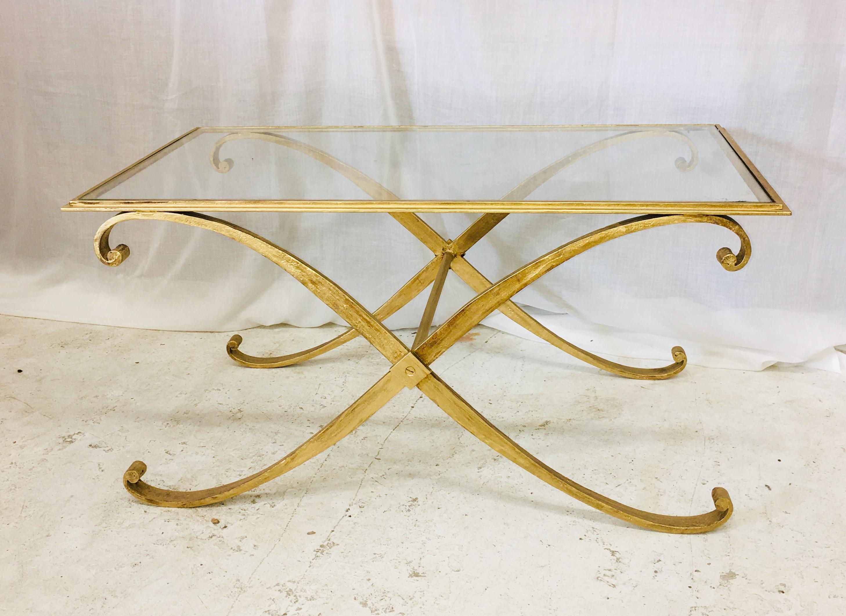 French Mid-Century Modern Coffee Table by R. Subes Golden Wrought Iron Glass Top