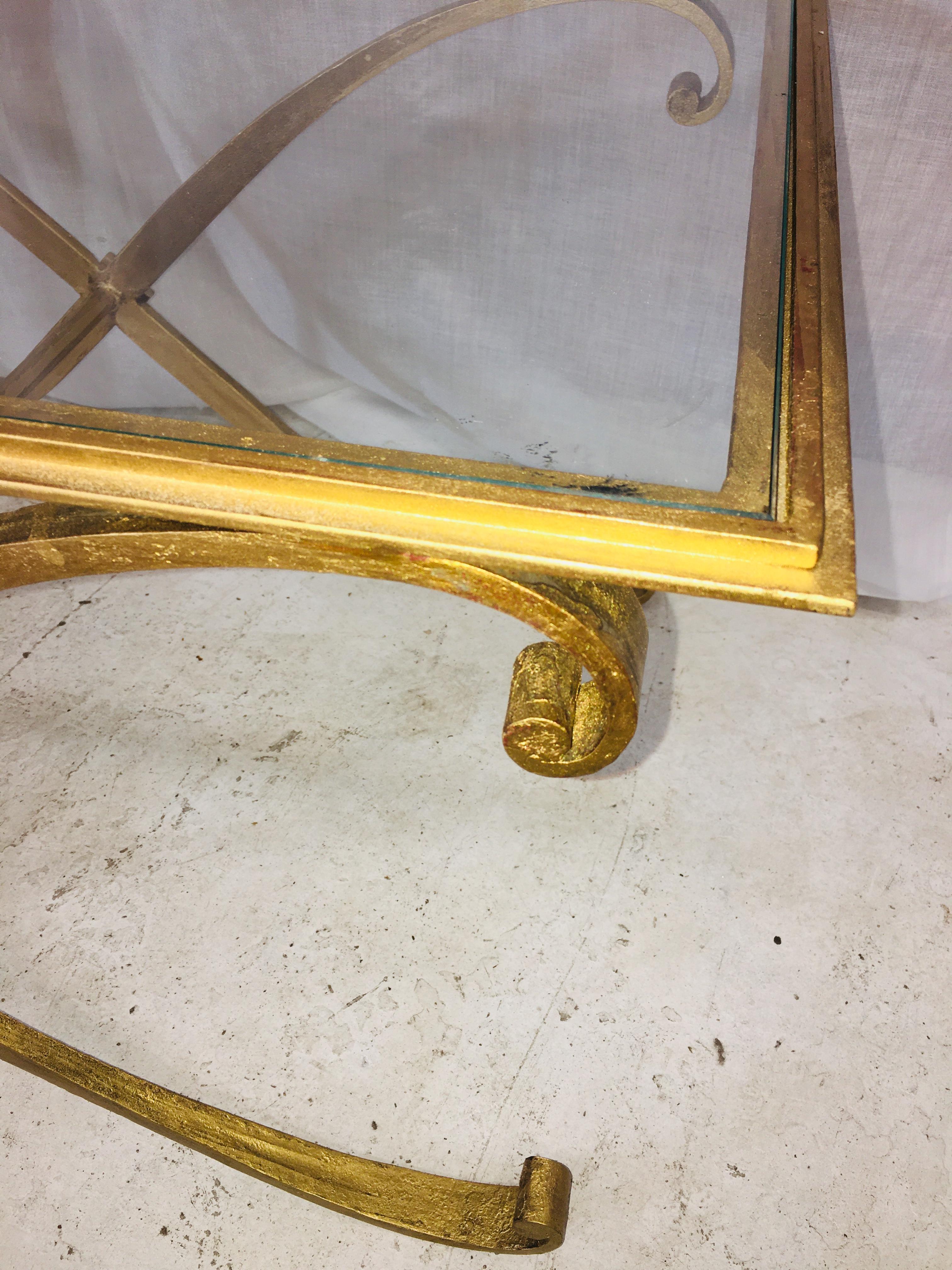 Mid-Century Modern Coffee Table by R. Subes Golden Wrought Iron Glass Top In Good Condition In Miami, FL