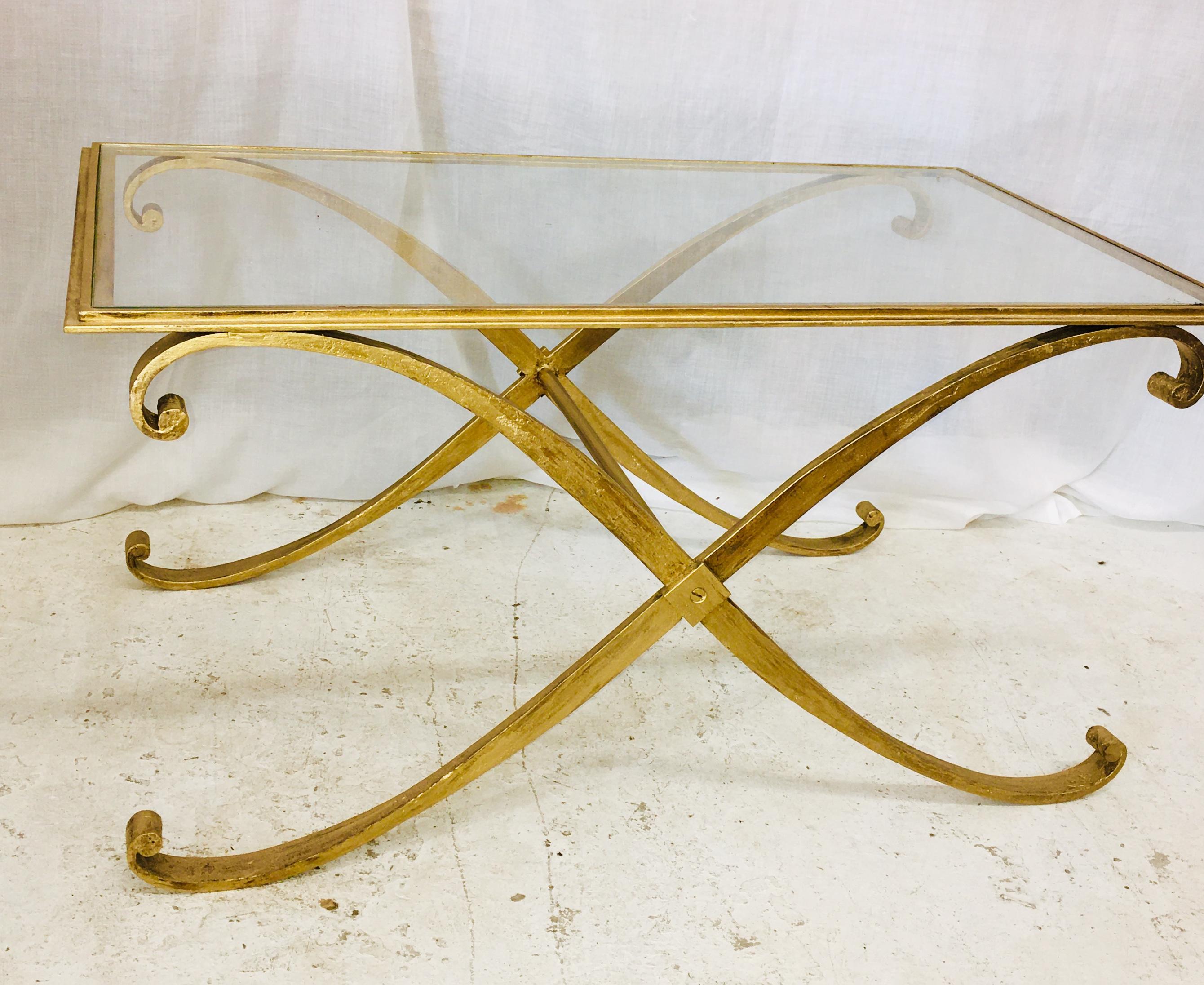 Mid-20th Century Mid-Century Modern Coffee Table by R. Subes Golden Wrought Iron Glass Top