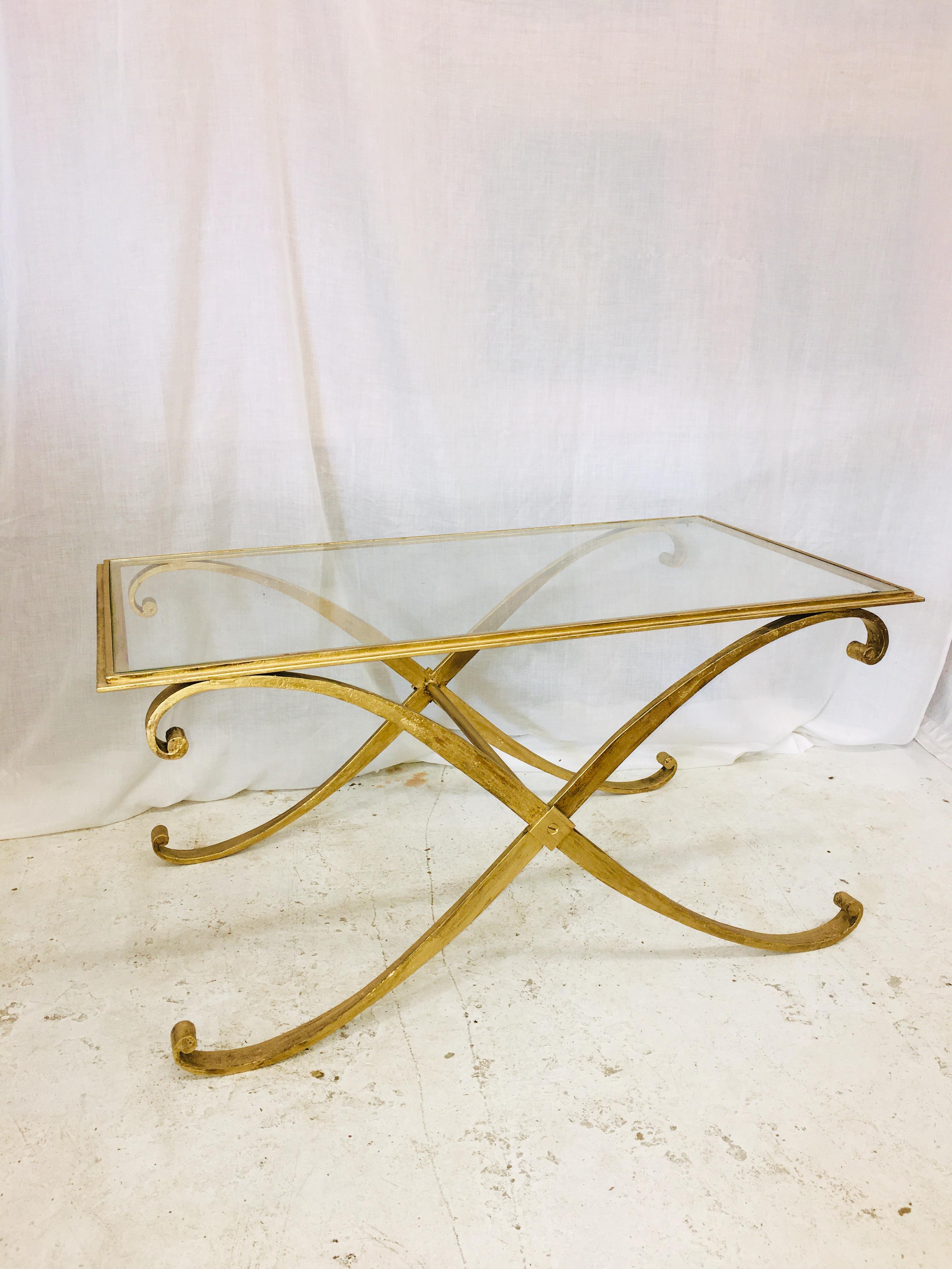 Mid-Century Modern Coffee Table by R. Subes Golden Wrought Iron Glass Top 1