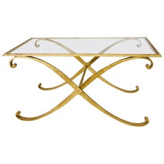 Mid-Century Modern Coffee Table by R. Subes Golden Wrought Iron Glass Top