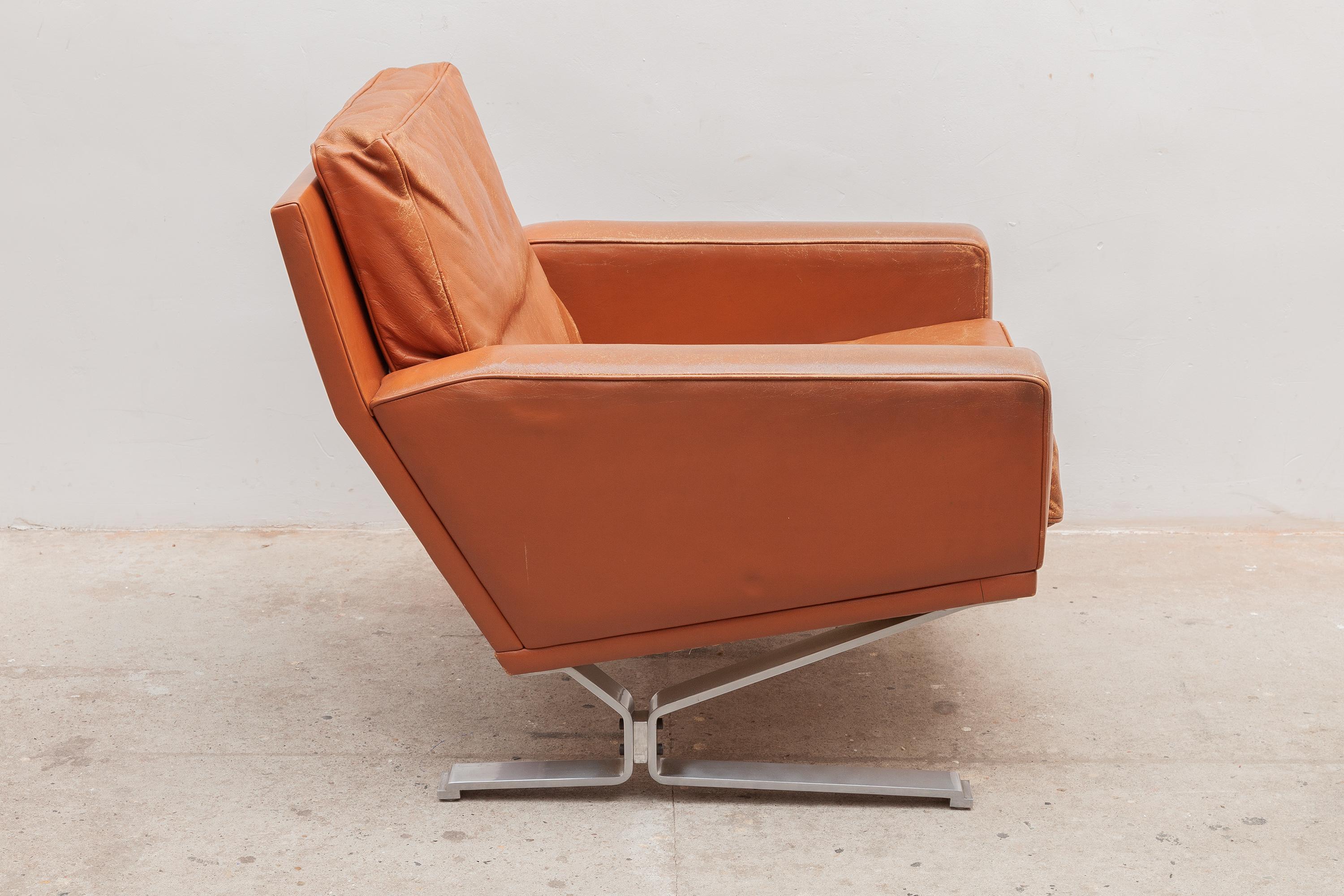 Stainless Steel Mid-Century Modern Cognac Leather Club Chairs 1960s with a Nice Patina